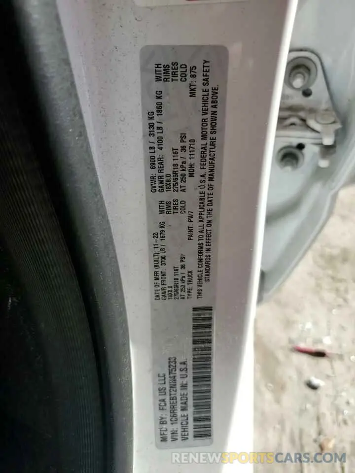 12 Photograph of a damaged car 1C6RREBT2NN475233 RAM 1500 2022