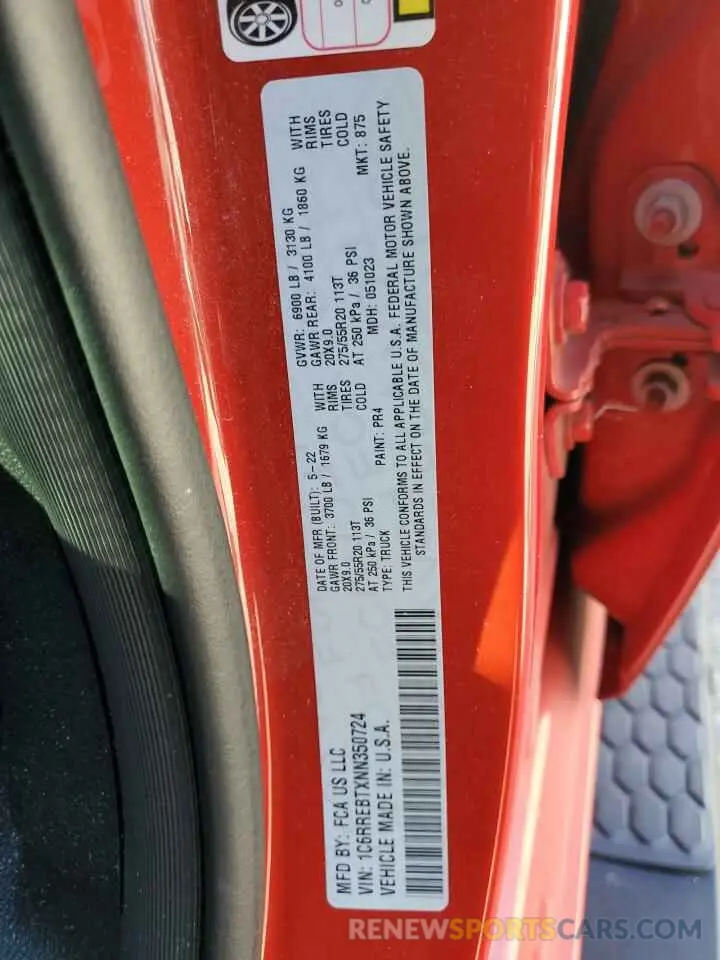 13 Фотография поврежденного автомобиля 1C6RREBTXNN350724 RAM 1500 2022