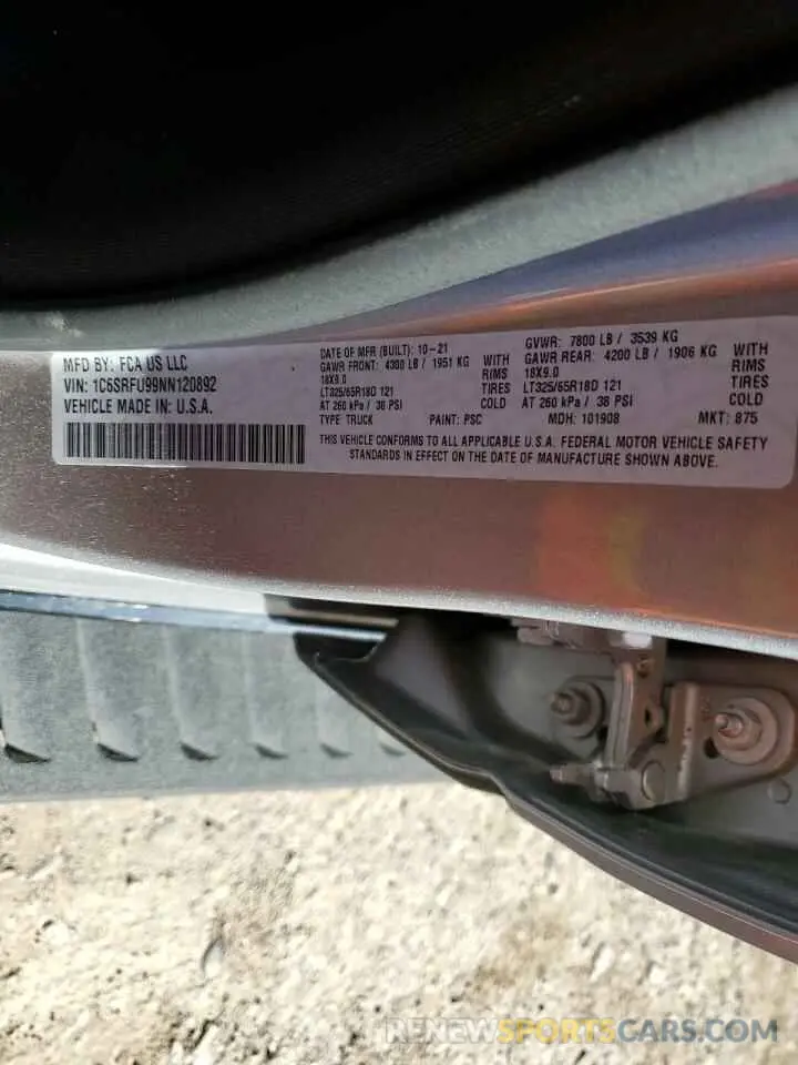 14 Фотография поврежденного автомобиля 1C6SRFU99NN120892 RAM 1500 2022