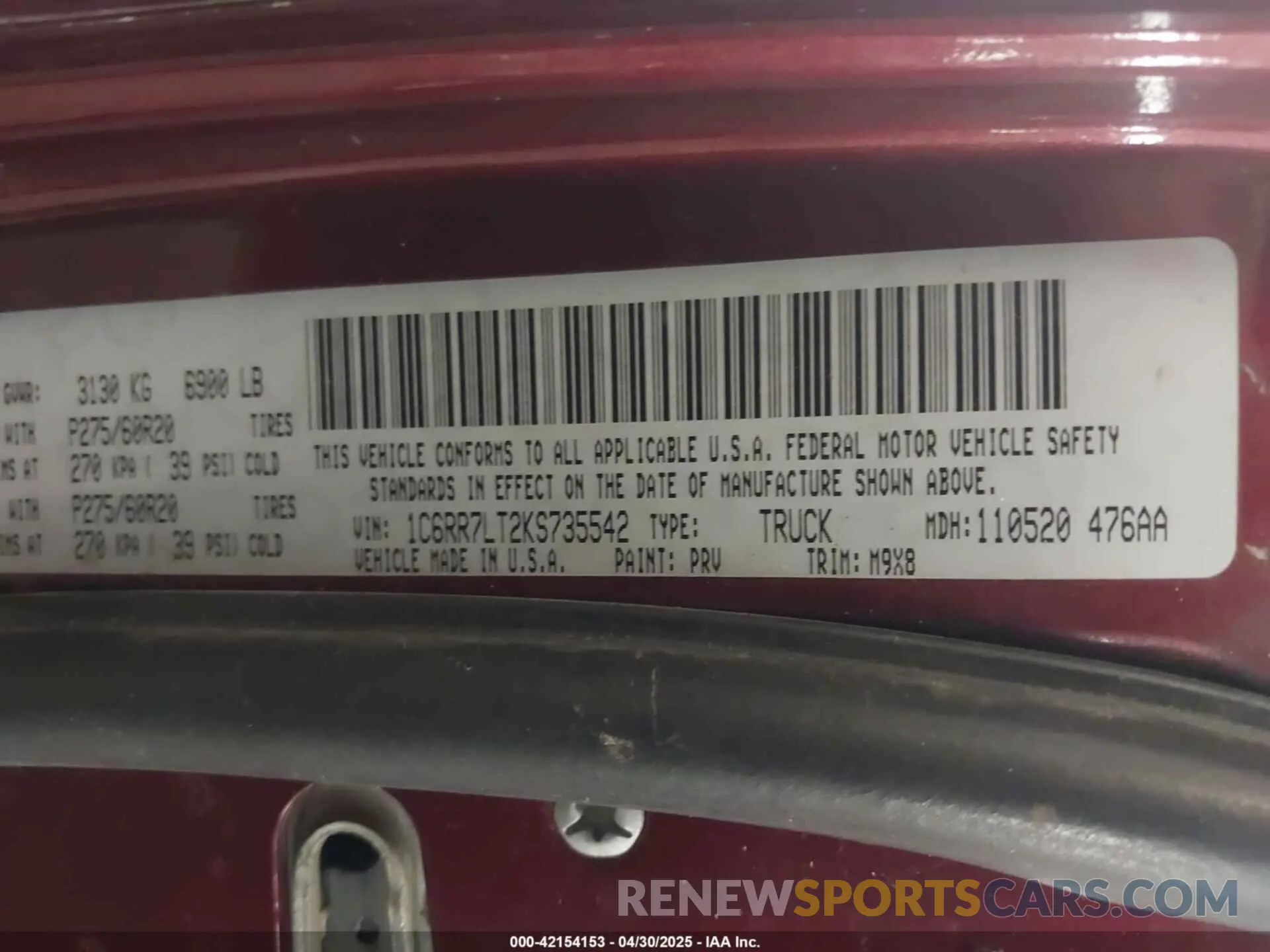 9 Photograph of a damaged car 1C6RR7LT2KS735542 RAM 1500 CLASSIC 2019