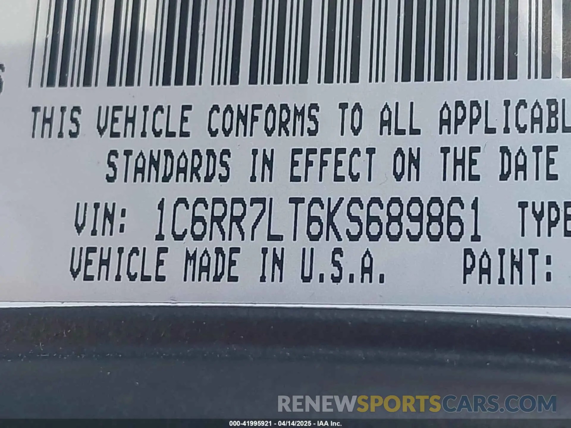 9 Photograph of a damaged car 1C6RR7LT6KS689861 RAM 1500 CLASSIC 2019