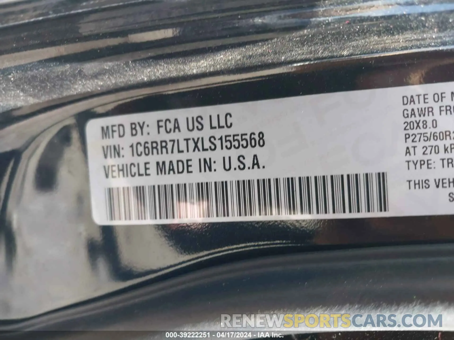 9 Photograph of a damaged car 1C6RR7LTXLS155568 RAM 1500 CLASSIC 2020