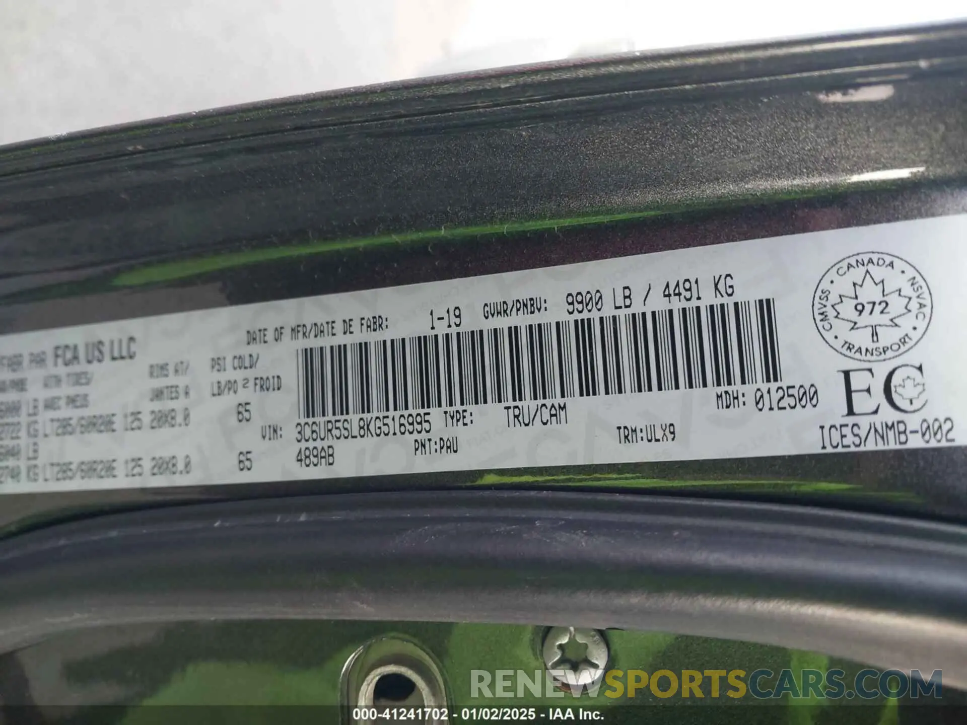 9 Фотография поврежденного автомобиля 3C6UR5SL8KG516995 RAM 2500 2019