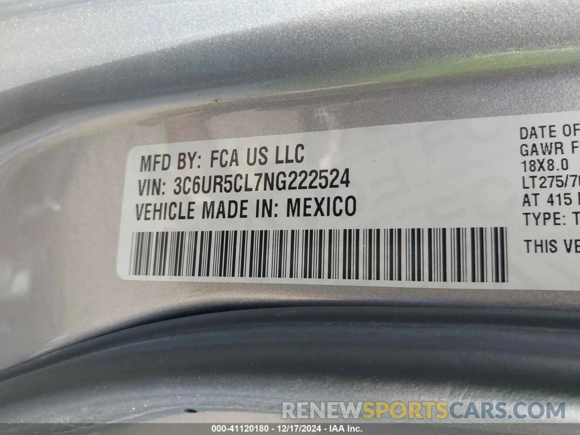 9 Photograph of a damaged car 3C6UR5CL7NG222524 RAM 2500 2022