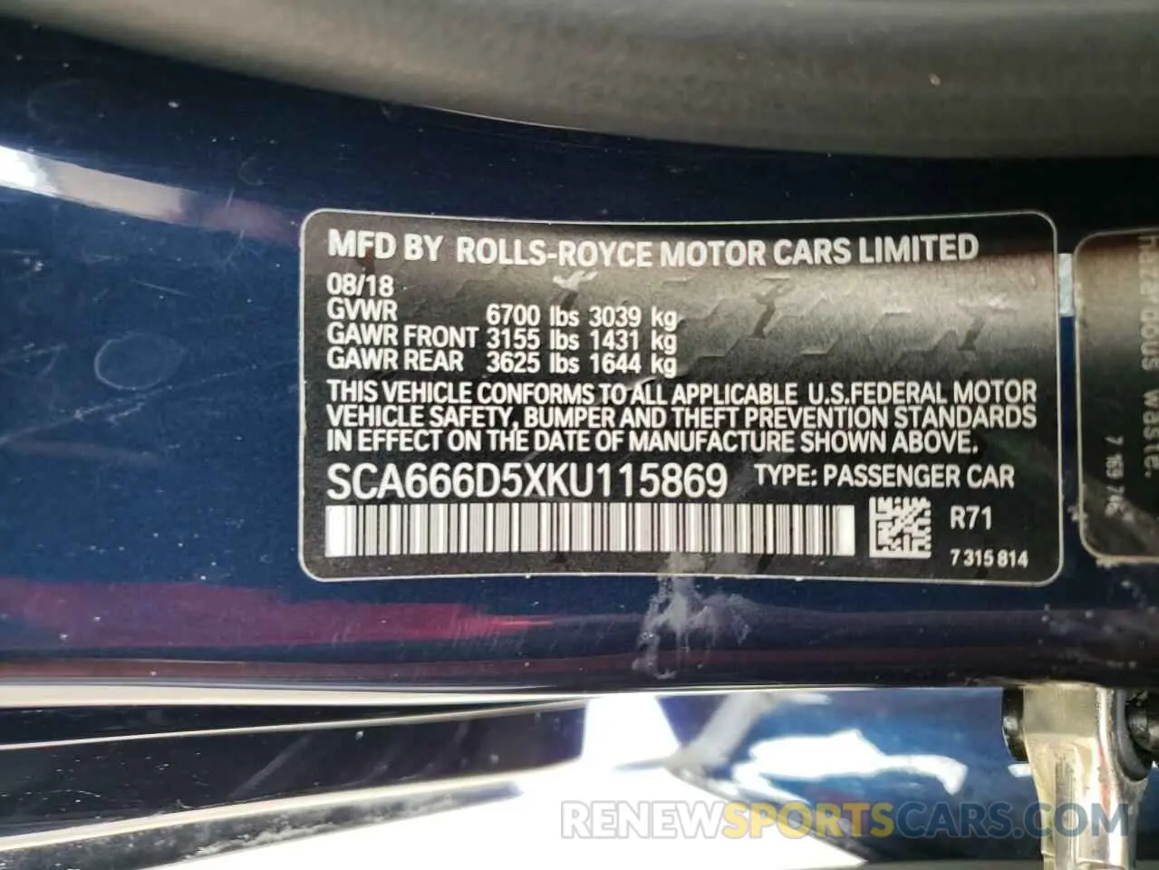12 Photograph of a damaged car SCA666D5XKU115869 ROLLS-ROYCE DAWN 2019