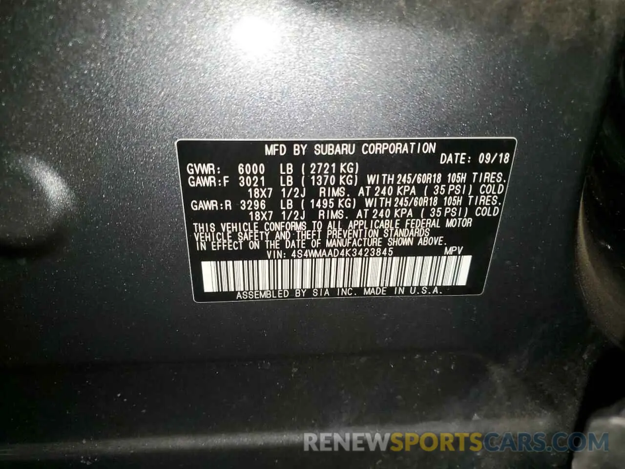 15 Photograph of a damaged car 4S4WMAAD4K3423845 SUBARU ASCENT 2019