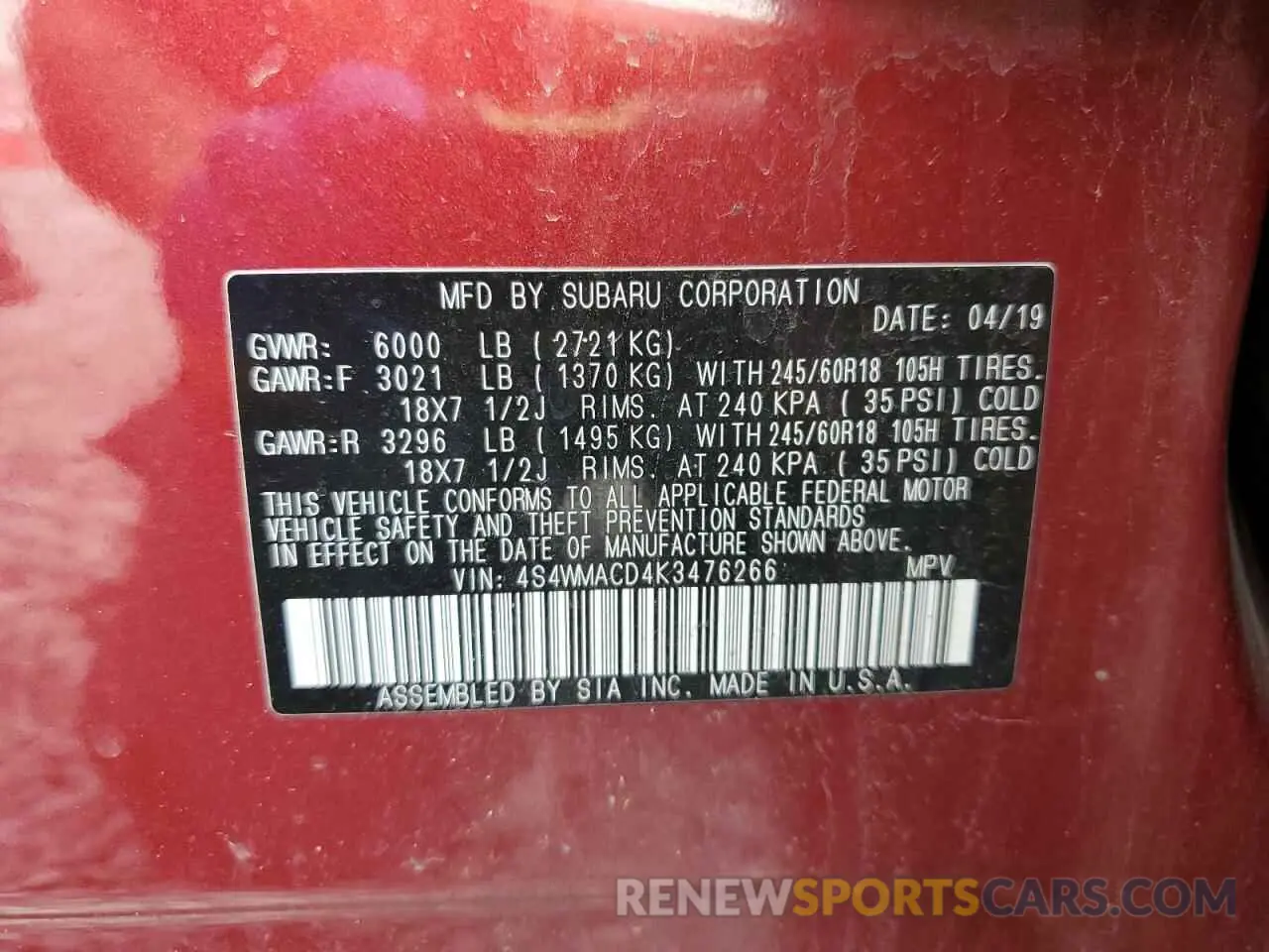 13 Photograph of a damaged car 4S4WMACD4K3476266 SUBARU ASCENT 2019