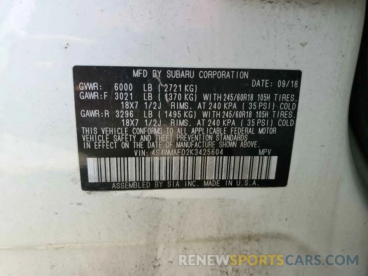 13 Photograph of a damaged car 4S4WMAFD2K3425604 SUBARU ASCENT 2019