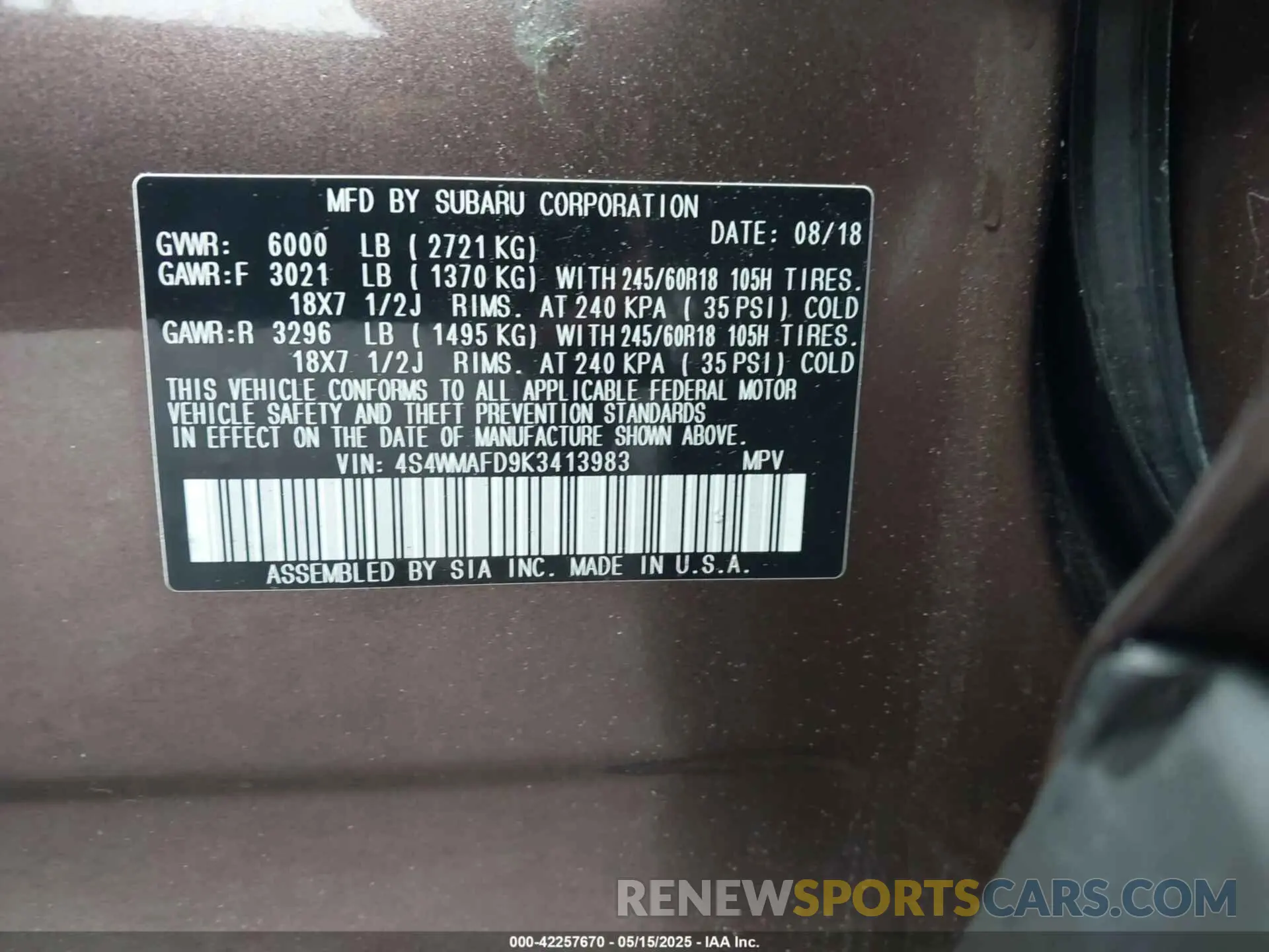 9 Photograph of a damaged car 4S4WMAFD9K3413983 SUBARU ASCENT 2019