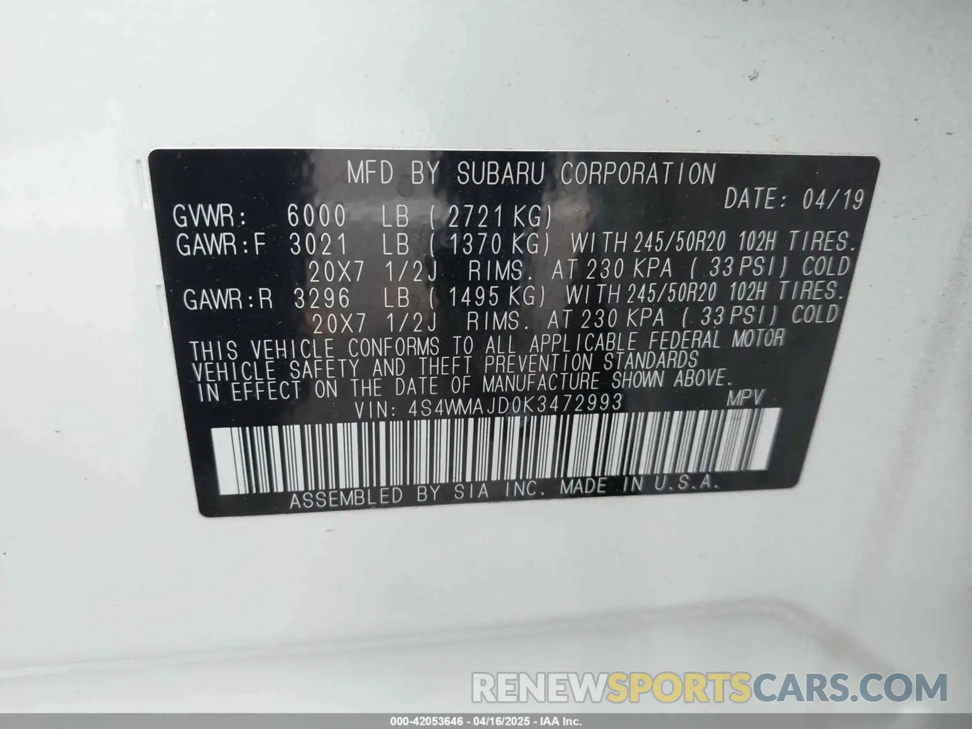 9 Photograph of a damaged car 4S4WMAJD0K3472993 SUBARU ASCENT 2019