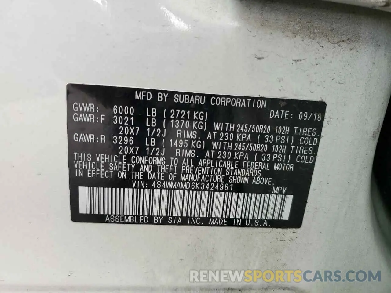 14 Photograph of a damaged car 4S4WMAMD6K3424961 SUBARU ASCENT 2019
