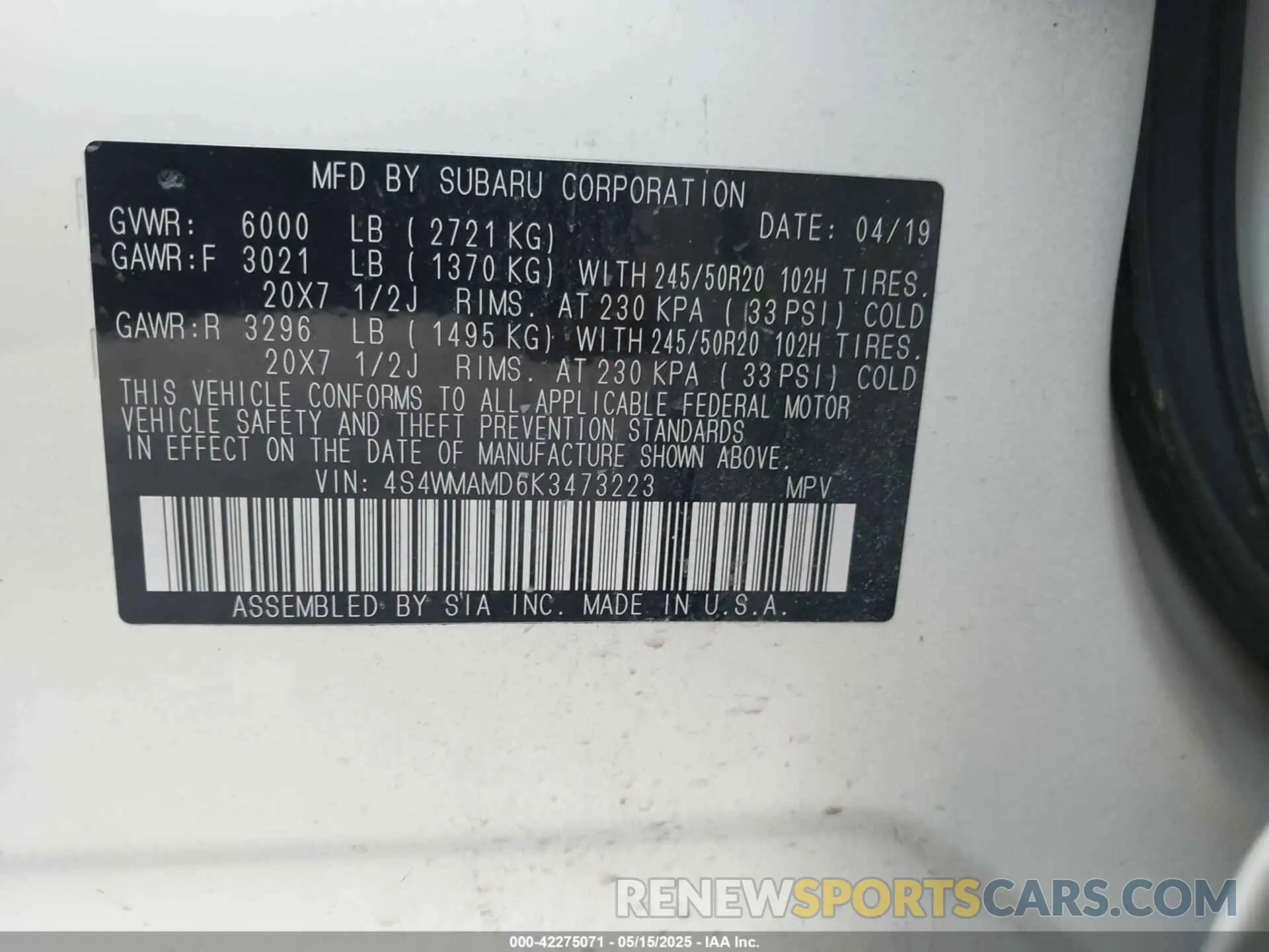 9 Фотография поврежденного автомобиля 4S4WMAMD6K3473223 SUBARU ASCENT 2019