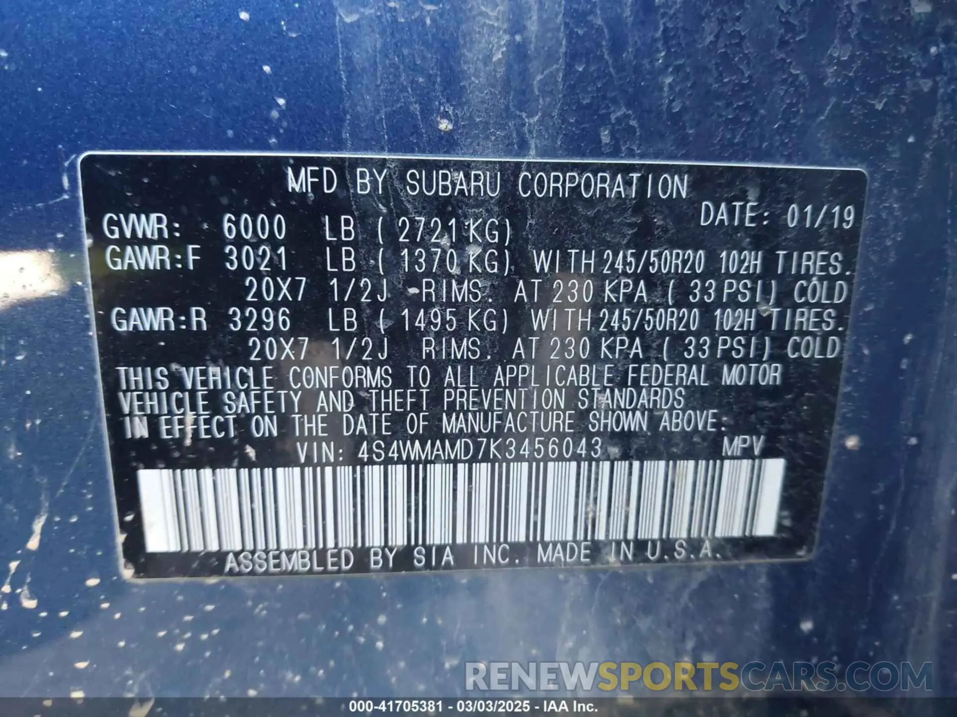 9 Photograph of a damaged car 4S4WMAMD7K3456043 SUBARU ASCENT 2019