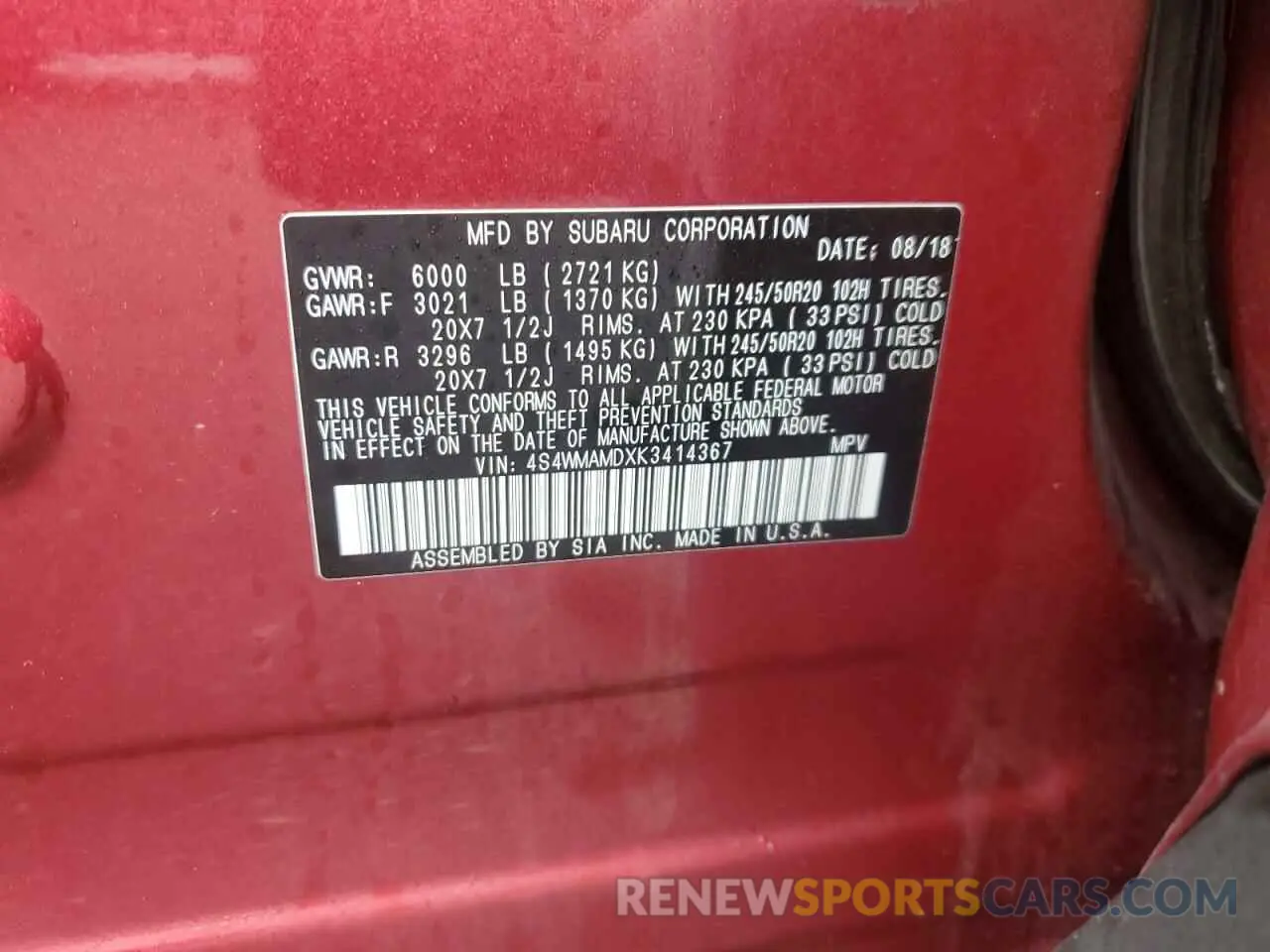 14 Фотография поврежденного автомобиля 4S4WMAMDXK3414367 SUBARU ASCENT 2019