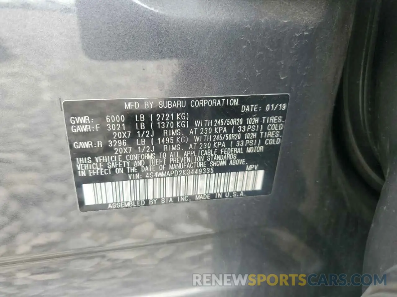 13 Photograph of a damaged car 4S4WMAPD2K3449335 SUBARU ASCENT 2019
