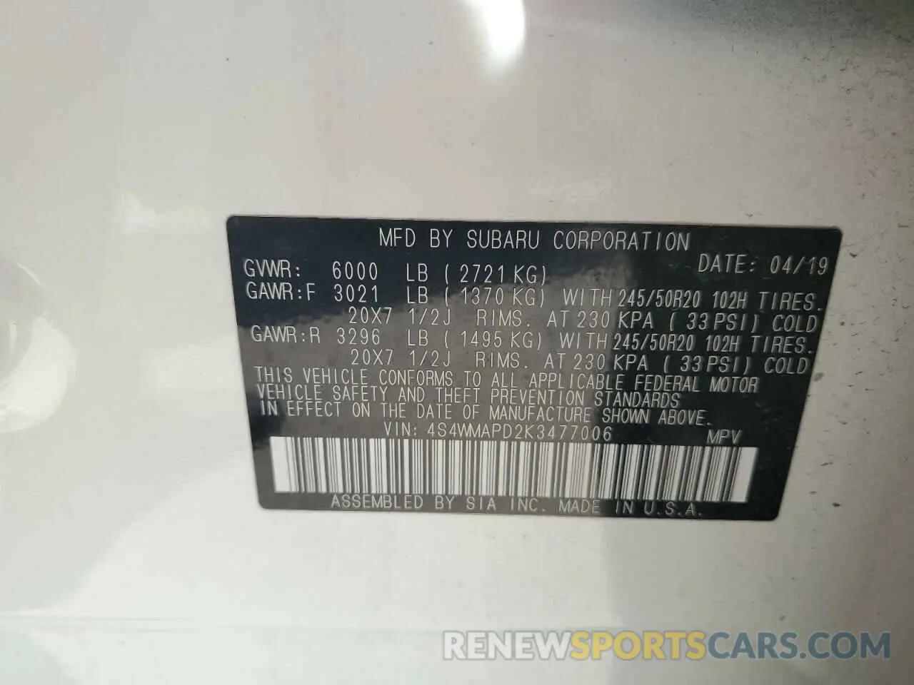 13 Photograph of a damaged car 4S4WMAPD2K3477006 SUBARU ASCENT 2019