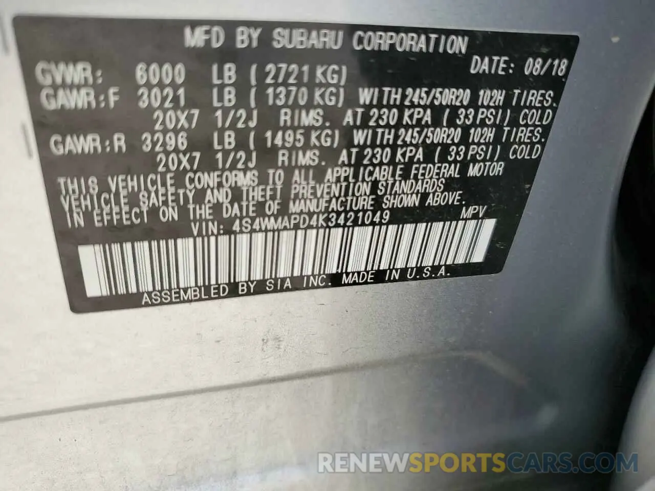 13 Photograph of a damaged car 4S4WMAPD4K3421049 SUBARU ASCENT 2019