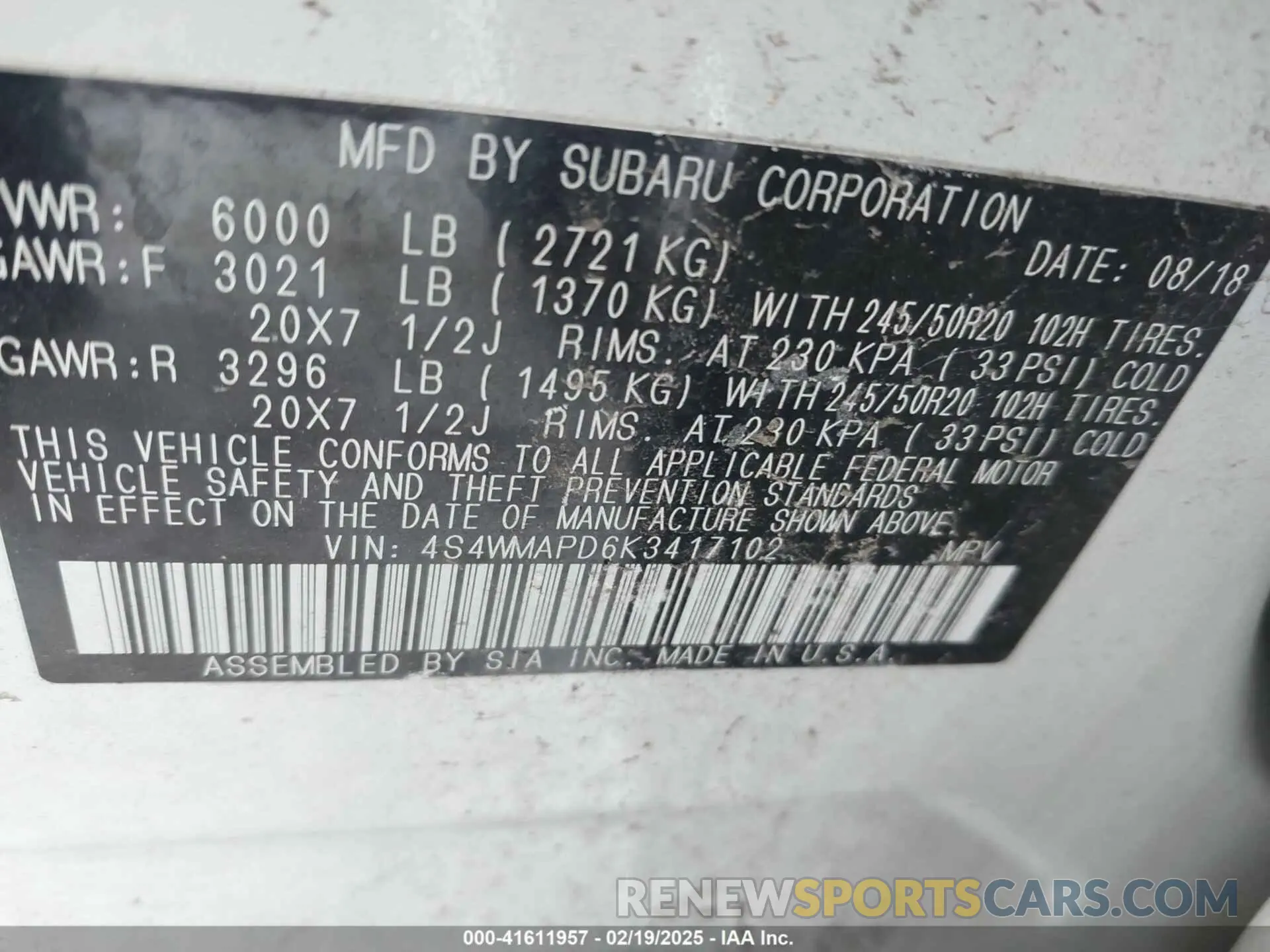 9 Фотография поврежденного автомобиля 4S4WMAPD6K3417102 SUBARU ASCENT 2019
