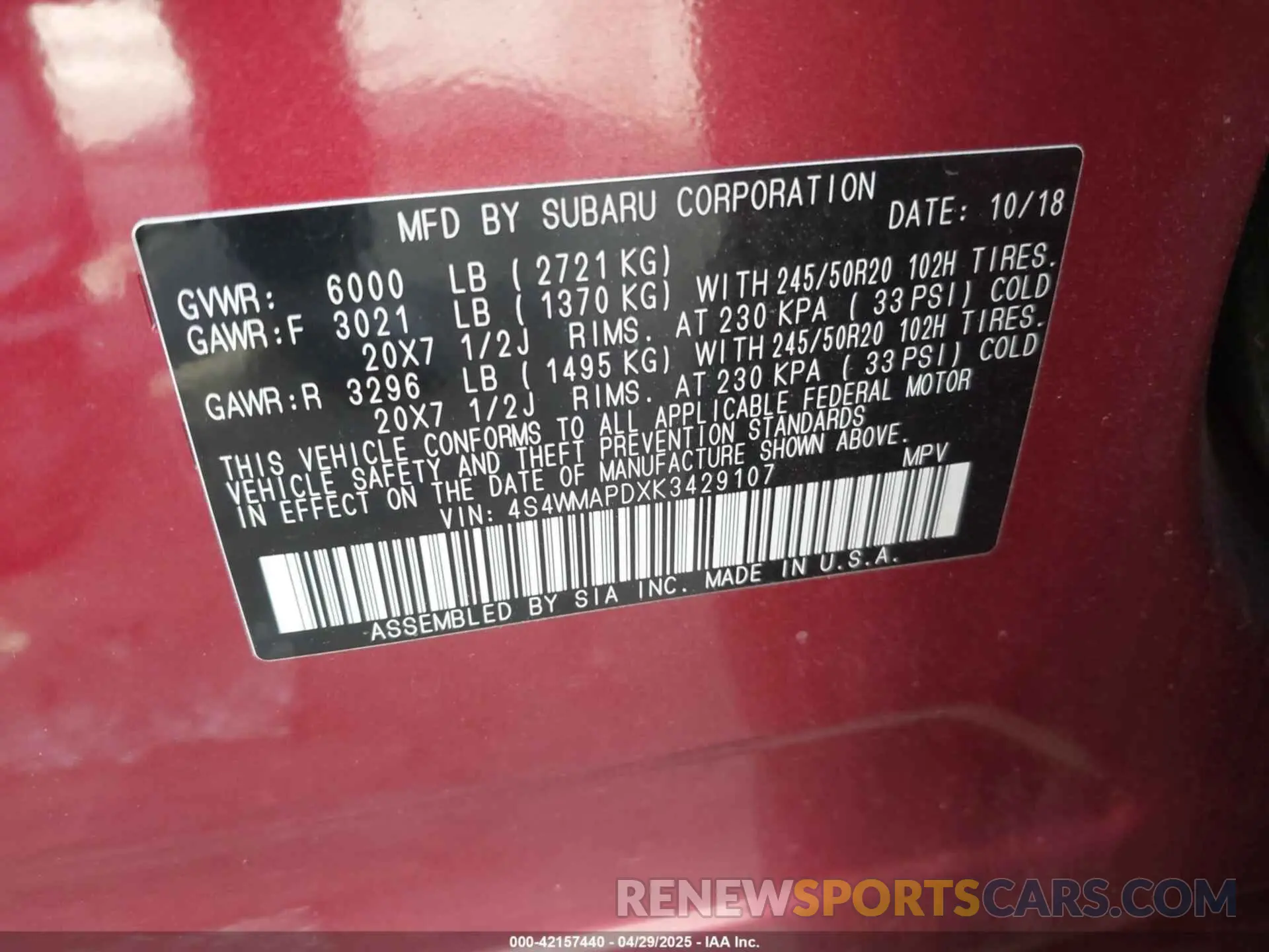 9 Фотография поврежденного автомобиля 4S4WMAPDXK3429107 SUBARU ASCENT 2019