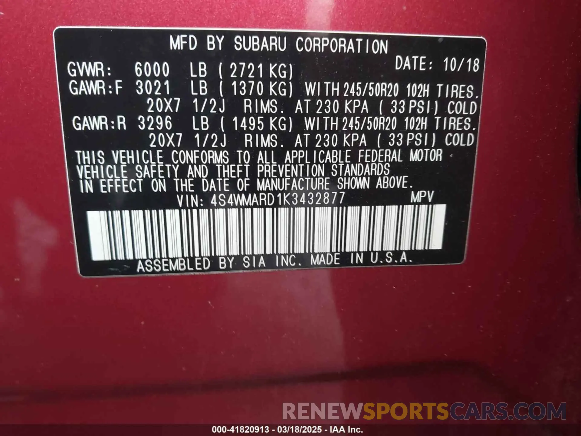 9 Фотография поврежденного автомобиля 4S4WMARD1K3432877 SUBARU ASCENT 2019