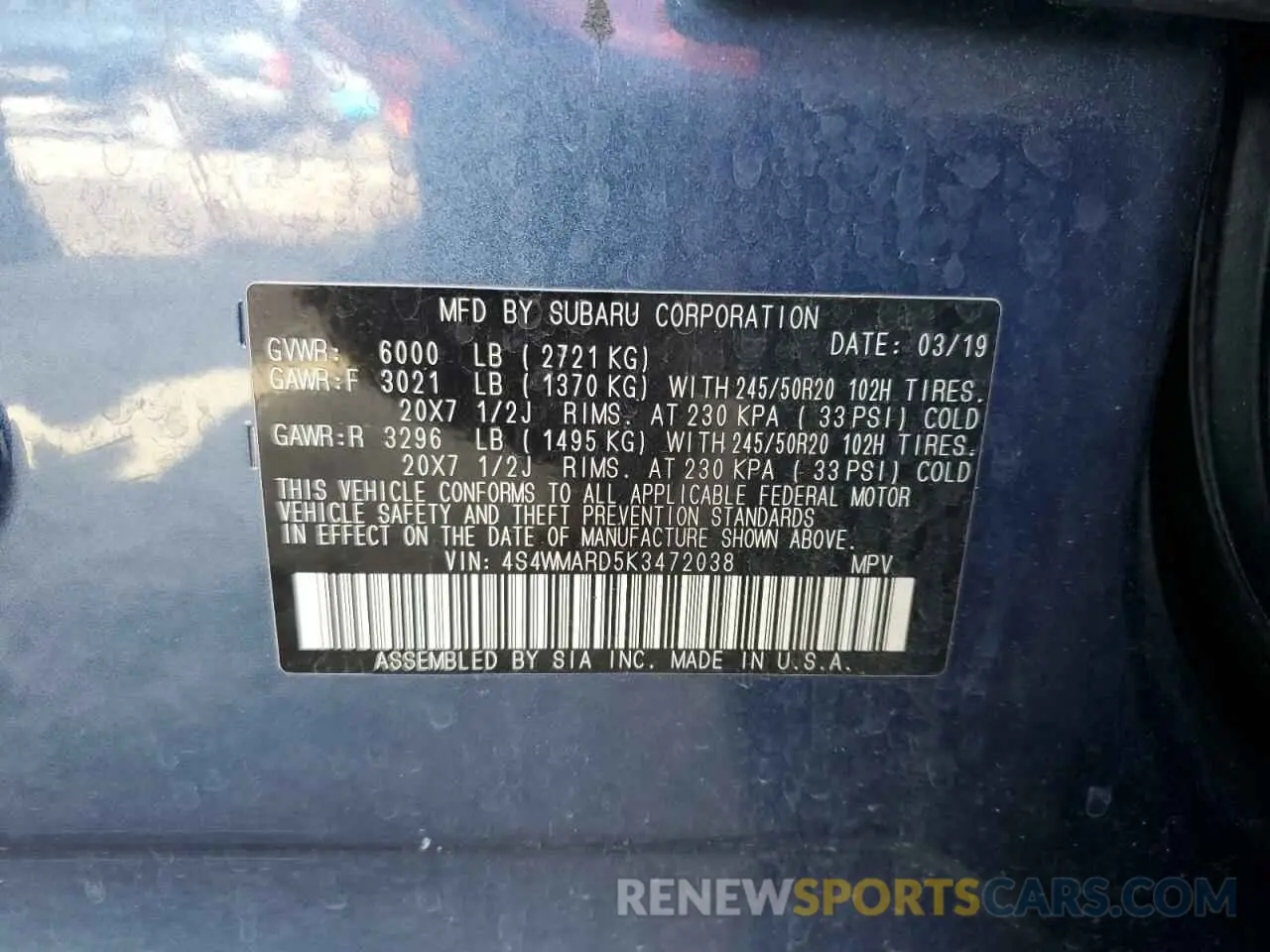 14 Фотография поврежденного автомобиля 4S4WMARD5K3472038 SUBARU ASCENT 2019