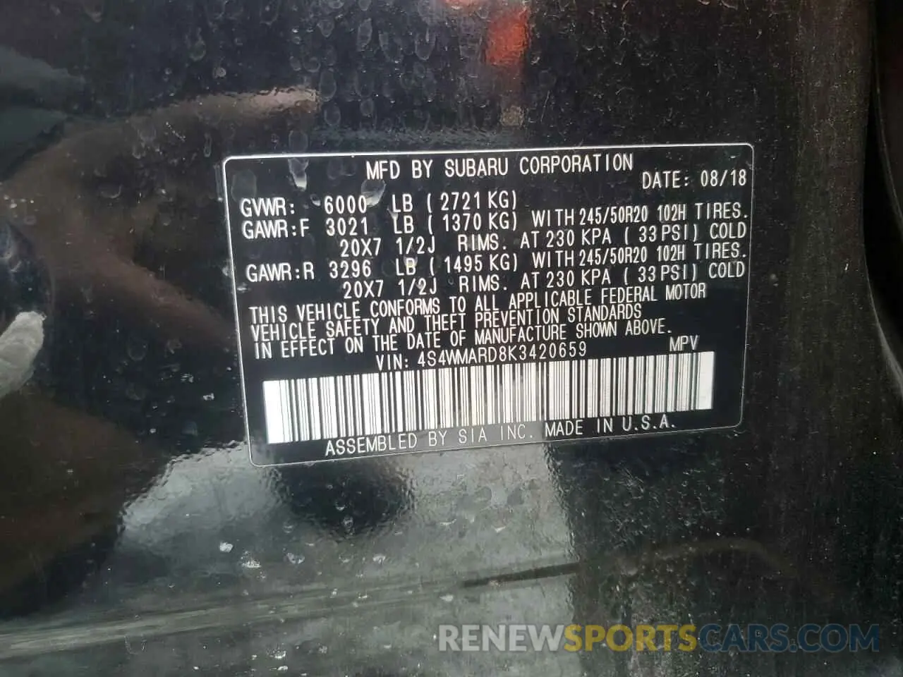 13 Photograph of a damaged car 4S4WMARD8K3420659 SUBARU ASCENT 2019