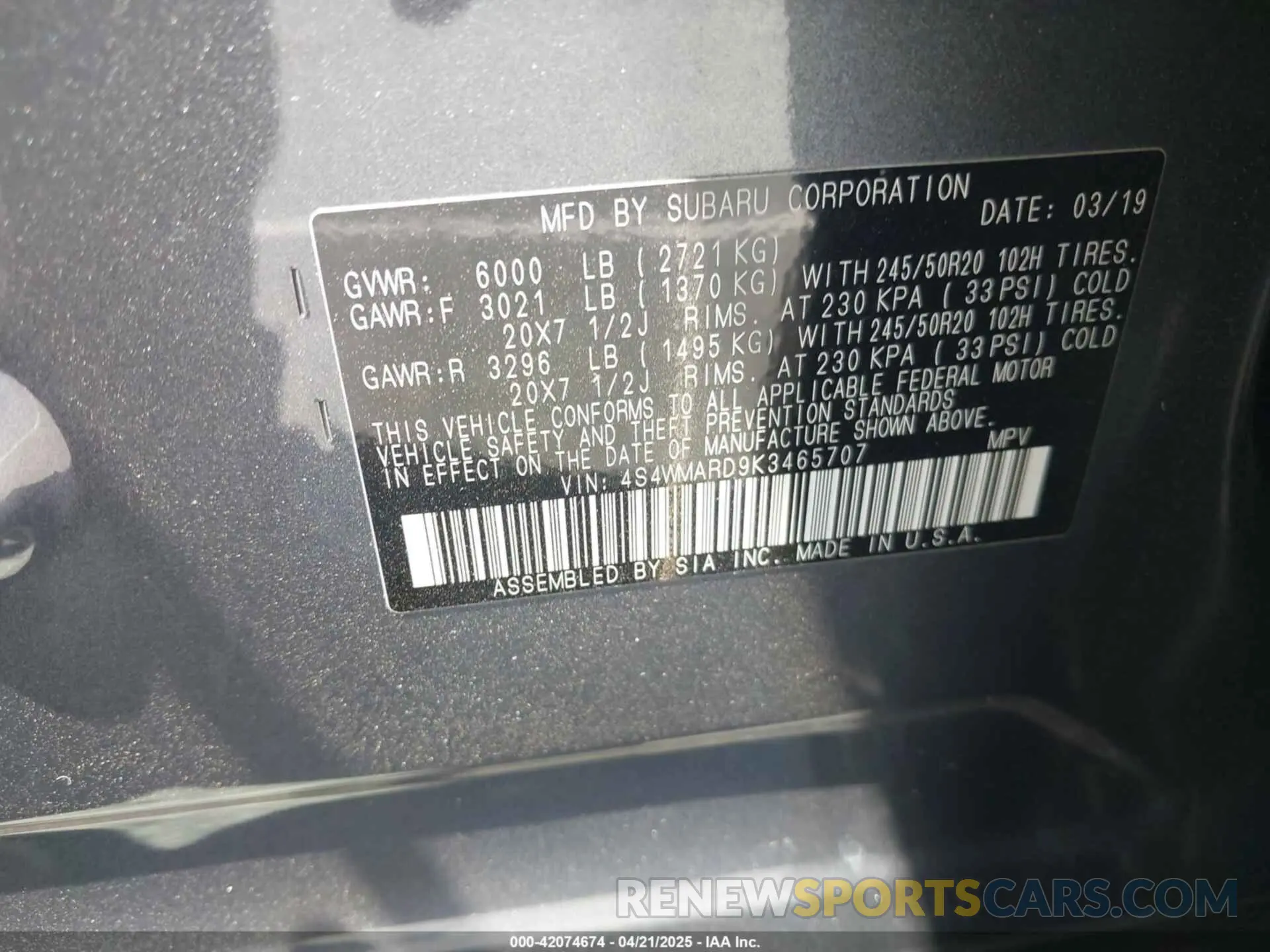 9 Фотография поврежденного автомобиля 4S4WMARD9K3465707 SUBARU ASCENT 2019