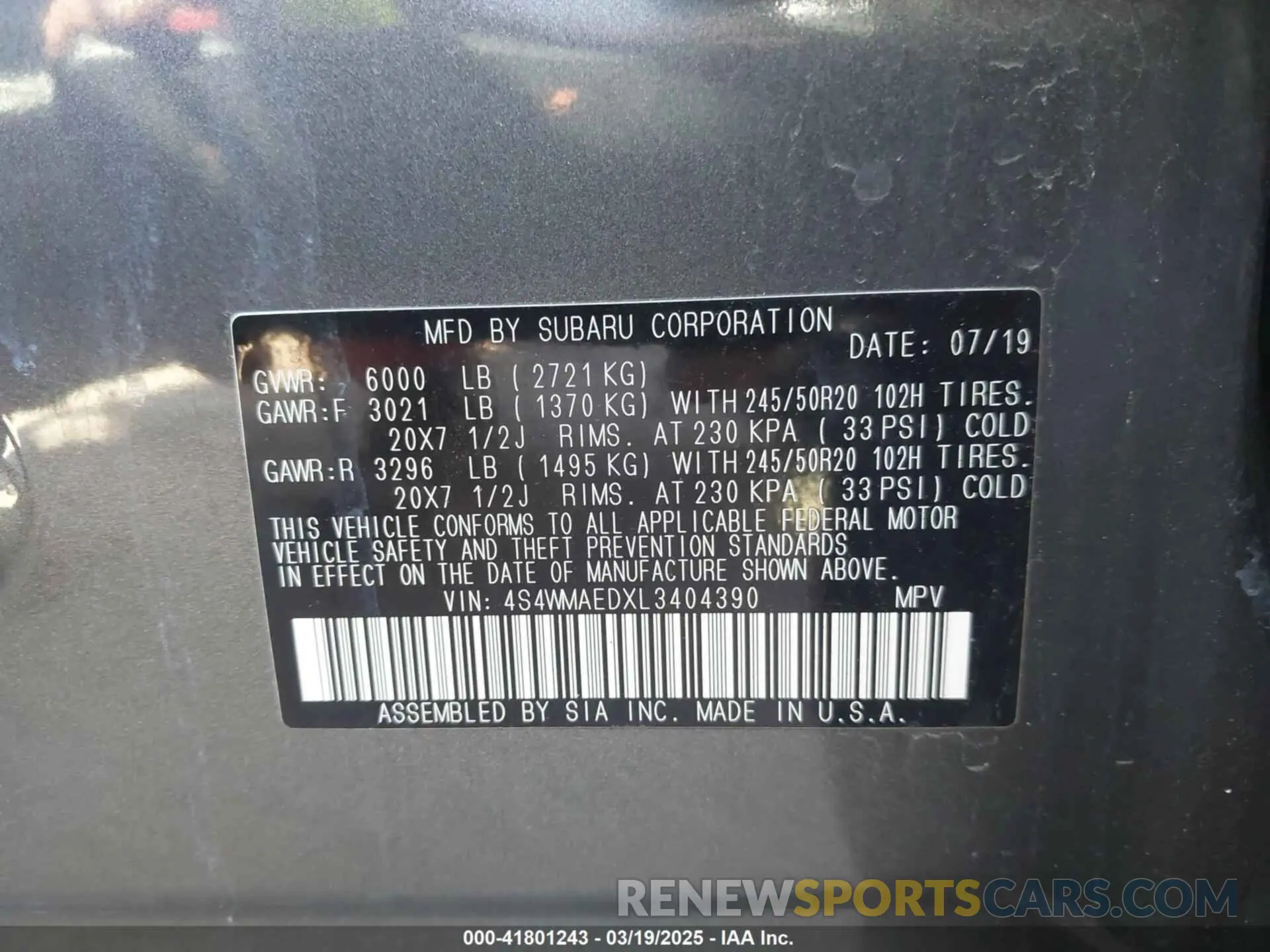 9 Фотография поврежденного автомобиля 4S4WMAEDXL3404390 SUBARU ASCENT 2020