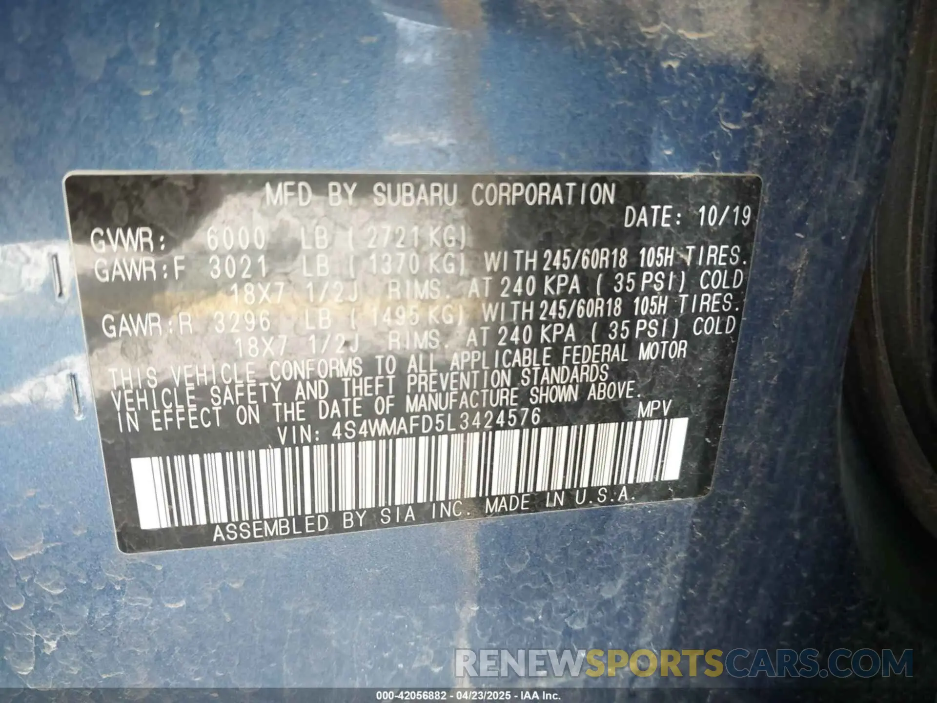 9 Фотография поврежденного автомобиля 4S4WMAFD5L3424576 SUBARU ASCENT 2020