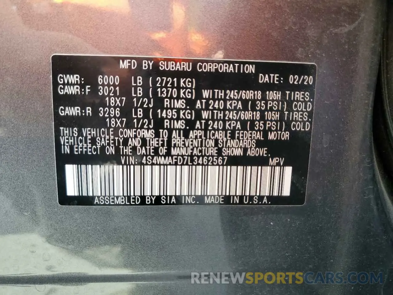 13 Photograph of a damaged car 4S4WMAFD7L3462567 SUBARU ASCENT 2020