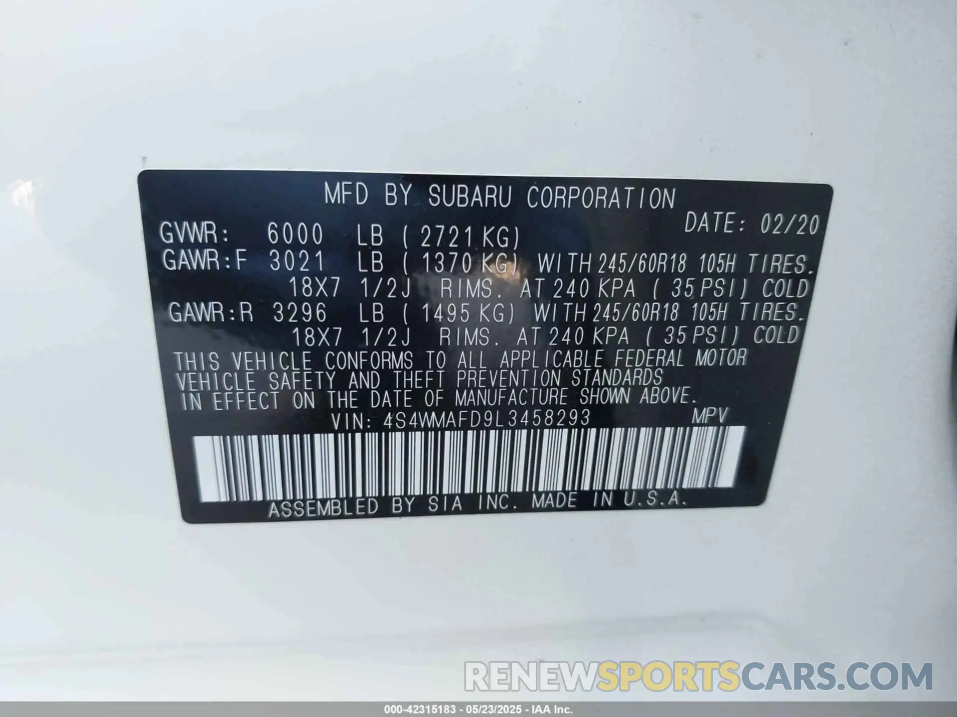 9 Photograph of a damaged car 4S4WMAFD9L3458293 SUBARU ASCENT 2020