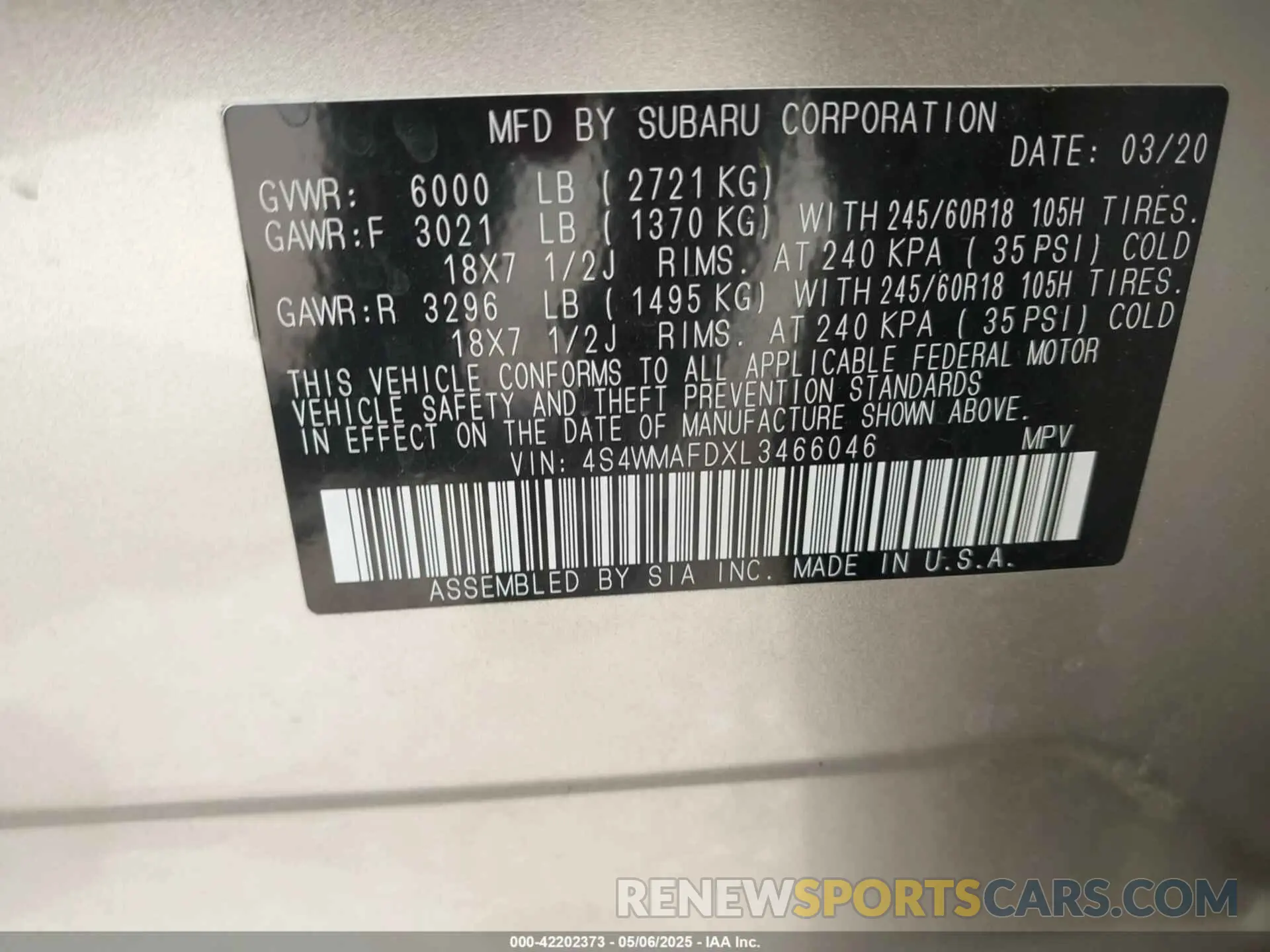 9 Фотография поврежденного автомобиля 4S4WMAFDXL3466046 SUBARU ASCENT 2020