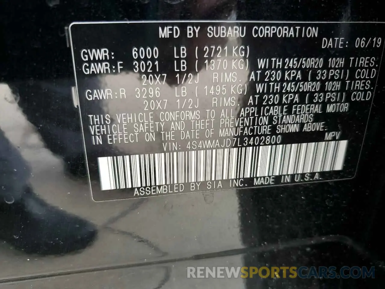 13 Photograph of a damaged car 4S4WMAJD7L3402800 SUBARU ASCENT 2020