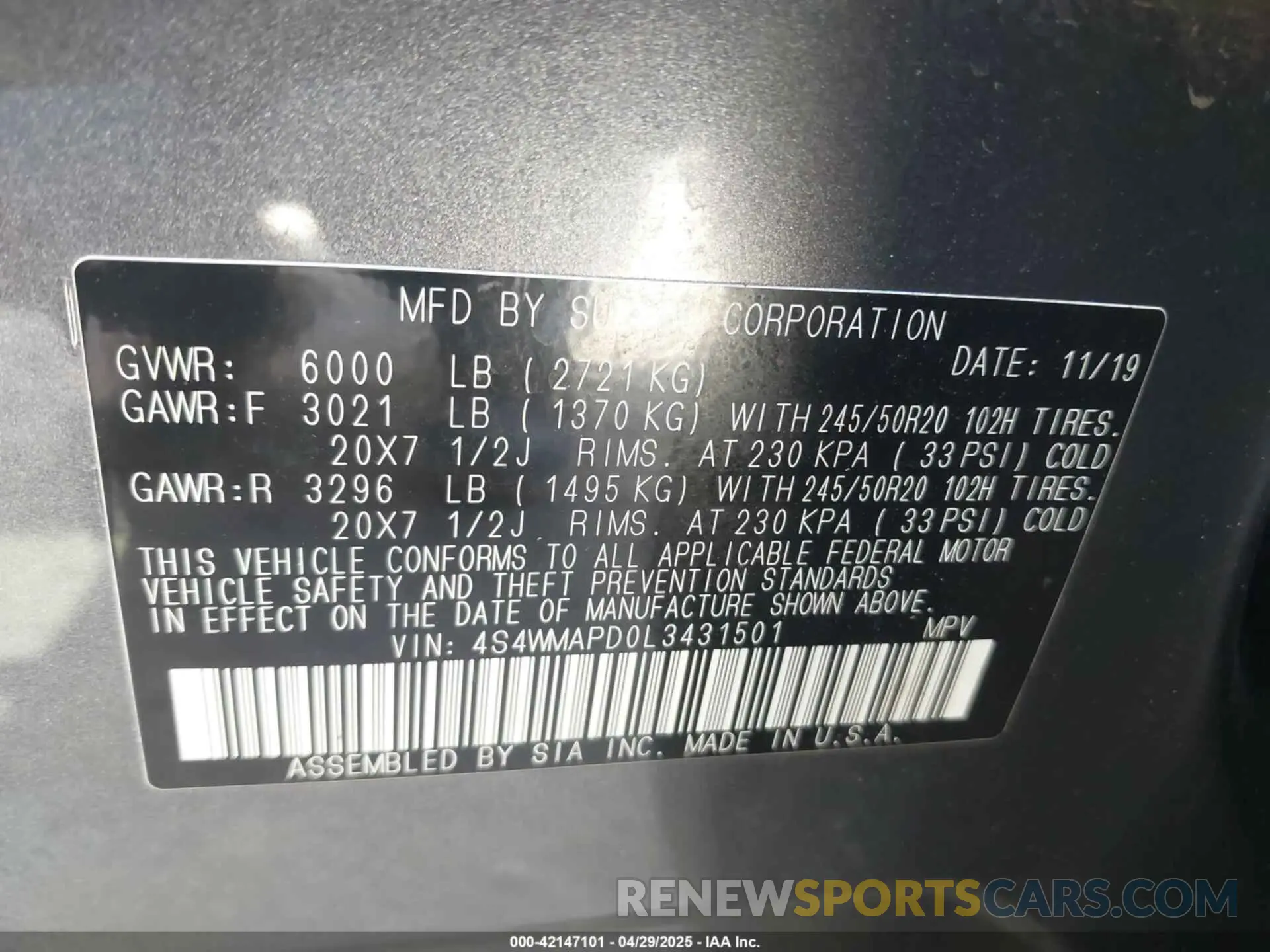 9 Фотография поврежденного автомобиля 4S4WMAPD0L3431501 SUBARU ASCENT 2020