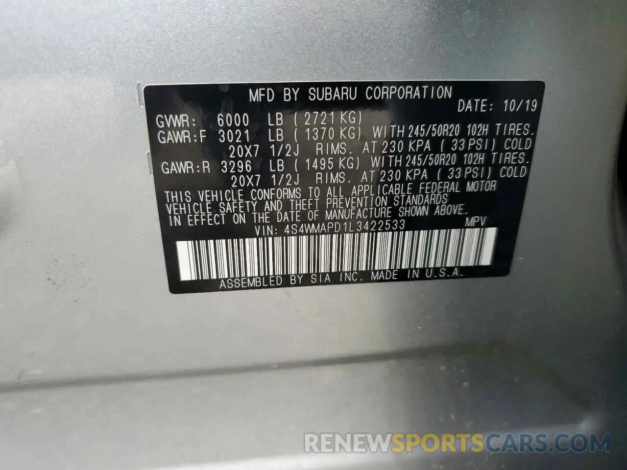 13 Photograph of a damaged car 4S4WMAPD1L3422533 SUBARU ASCENT 2020