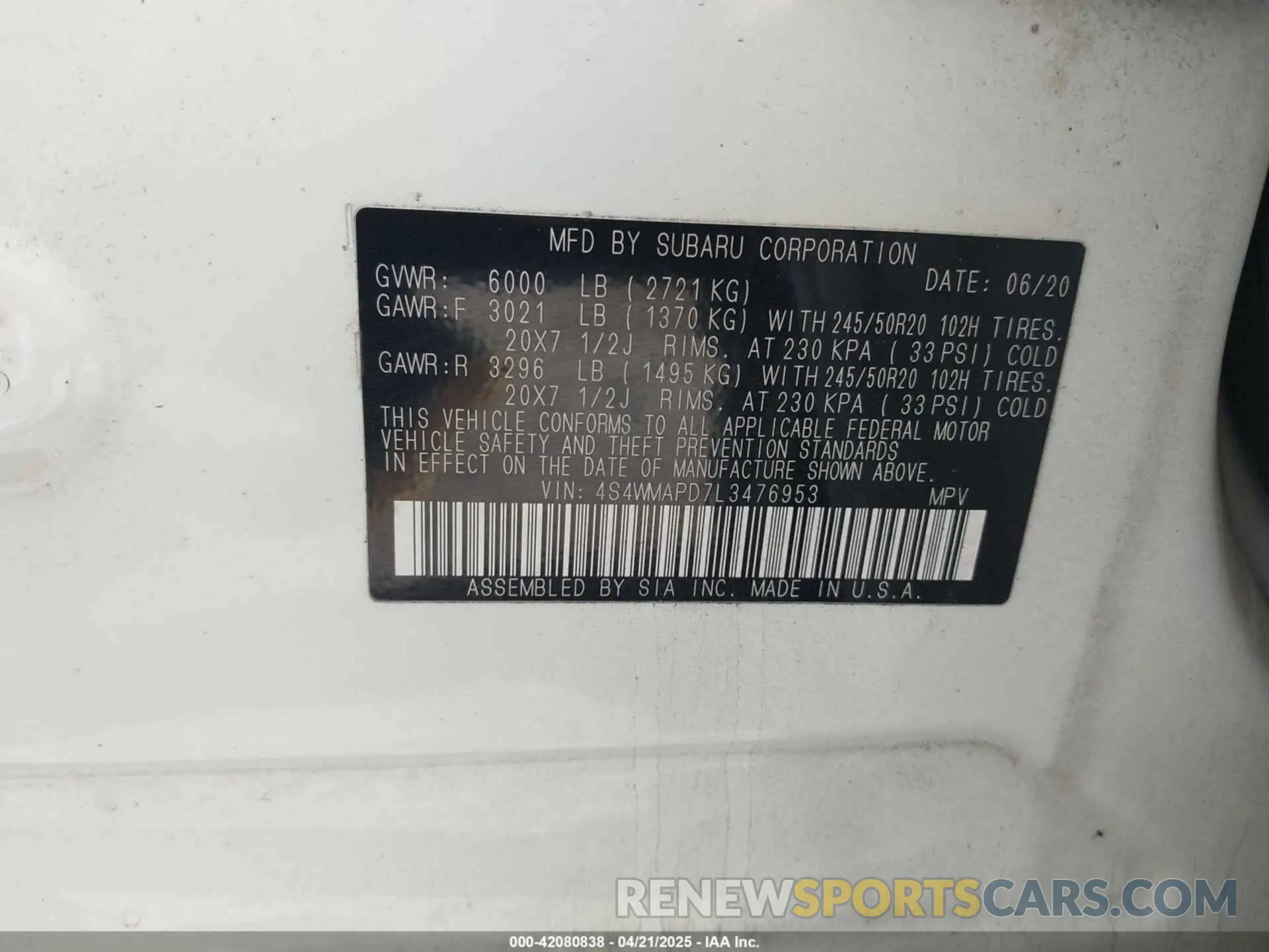 9 Фотография поврежденного автомобиля 4S4WMAPD7L3476953 SUBARU ASCENT 2020