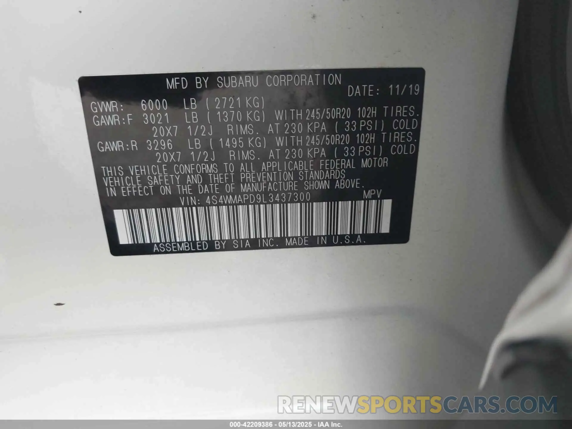 9 Photograph of a damaged car 4S4WMAPD9L3437300 SUBARU ASCENT 2020