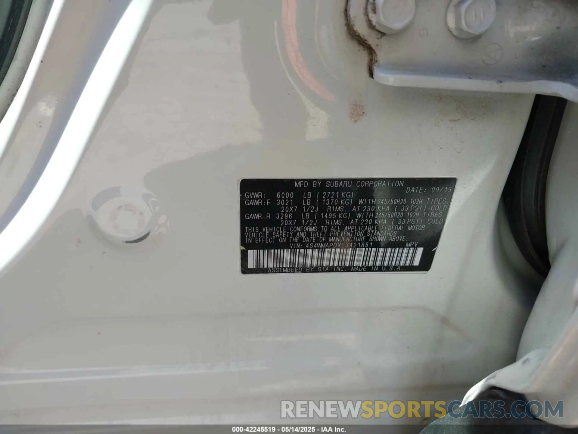 9 Фотография поврежденного автомобиля 4S4WMAPDXL3421851 SUBARU ASCENT 2020