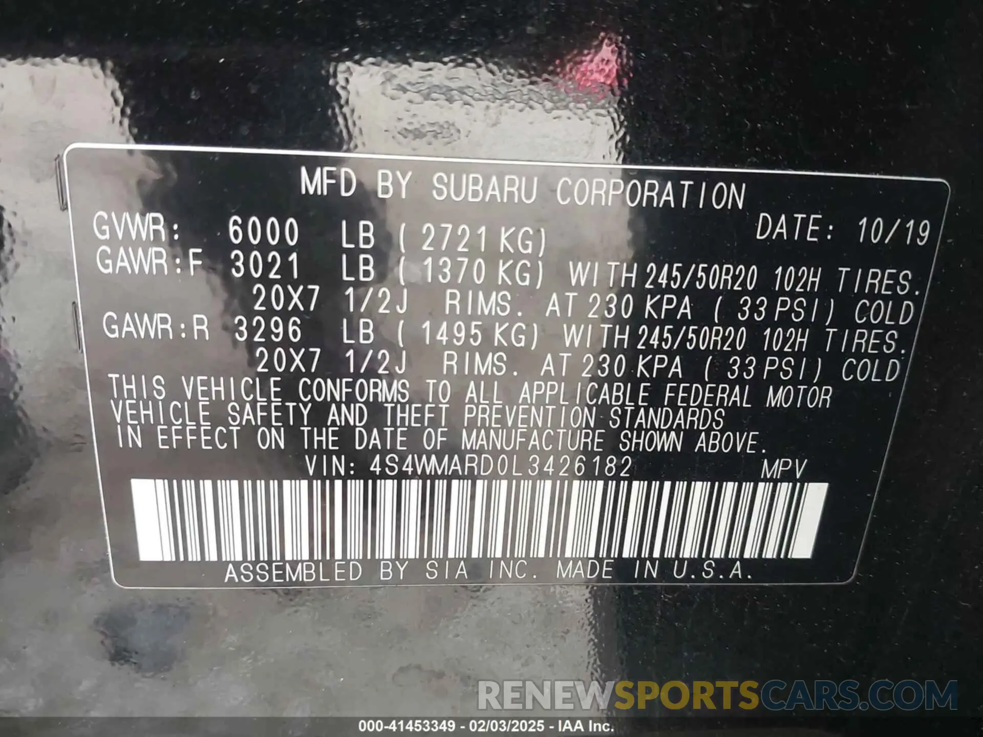 9 Photograph of a damaged car 4S4WMARD0L3426182 SUBARU ASCENT 2020