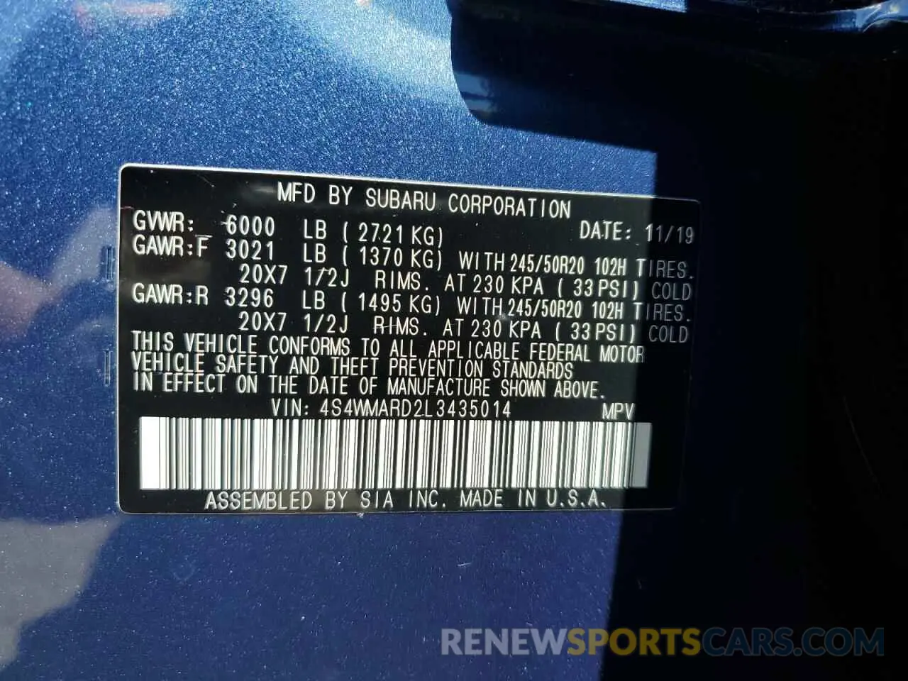 13 Photograph of a damaged car 4S4WMARD2L3435014 SUBARU ASCENT 2020