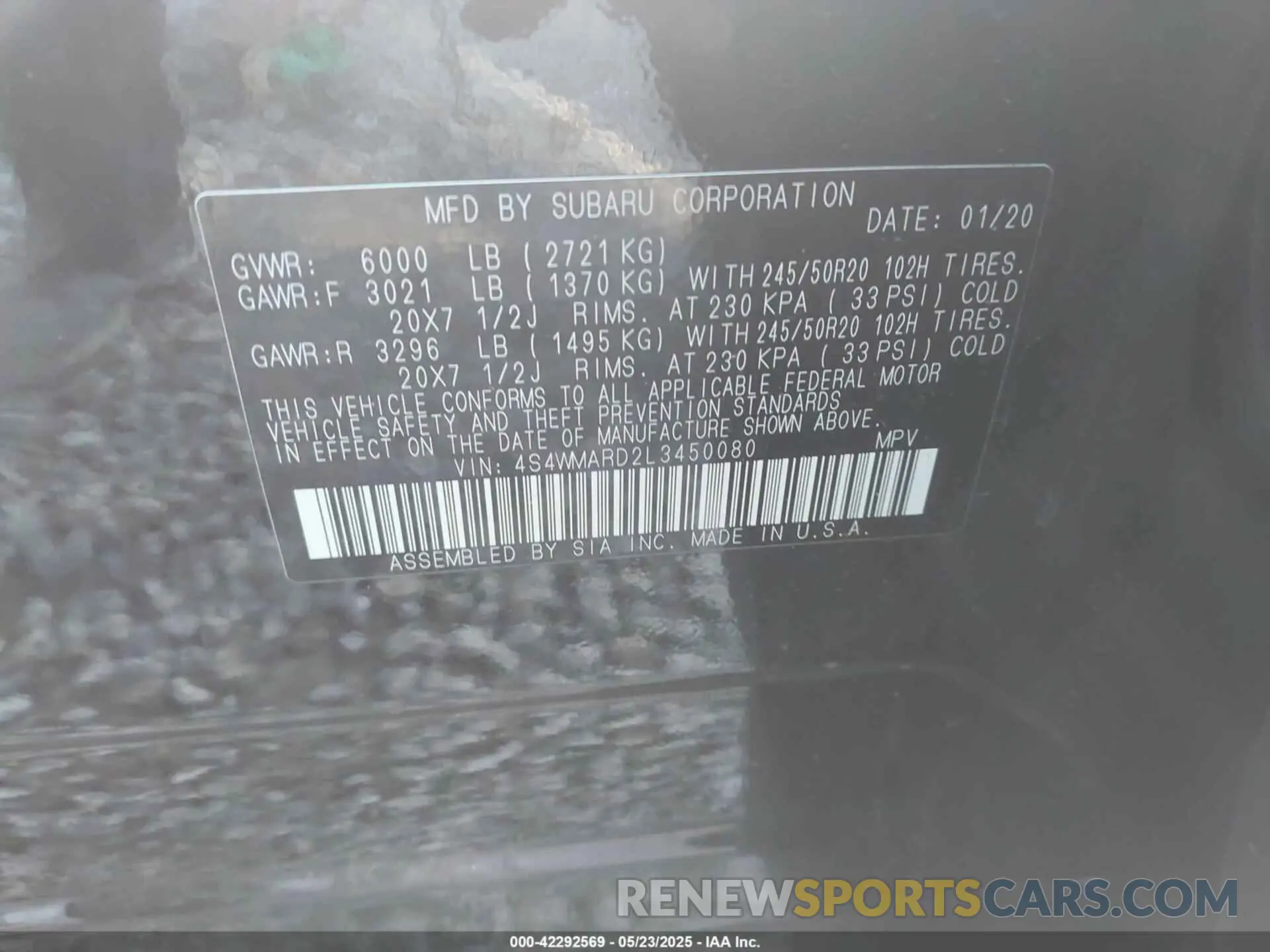 9 Photograph of a damaged car 4S4WMARD2L3450080 SUBARU ASCENT 2020
