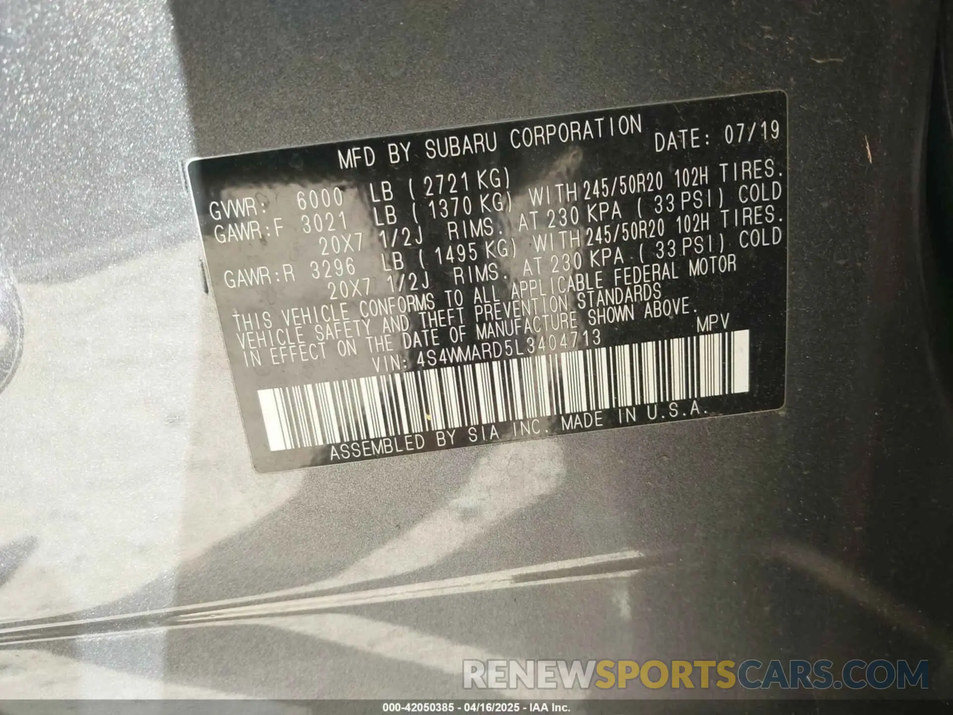 9 Photograph of a damaged car 4S4WMARD5L3404713 SUBARU ASCENT 2020