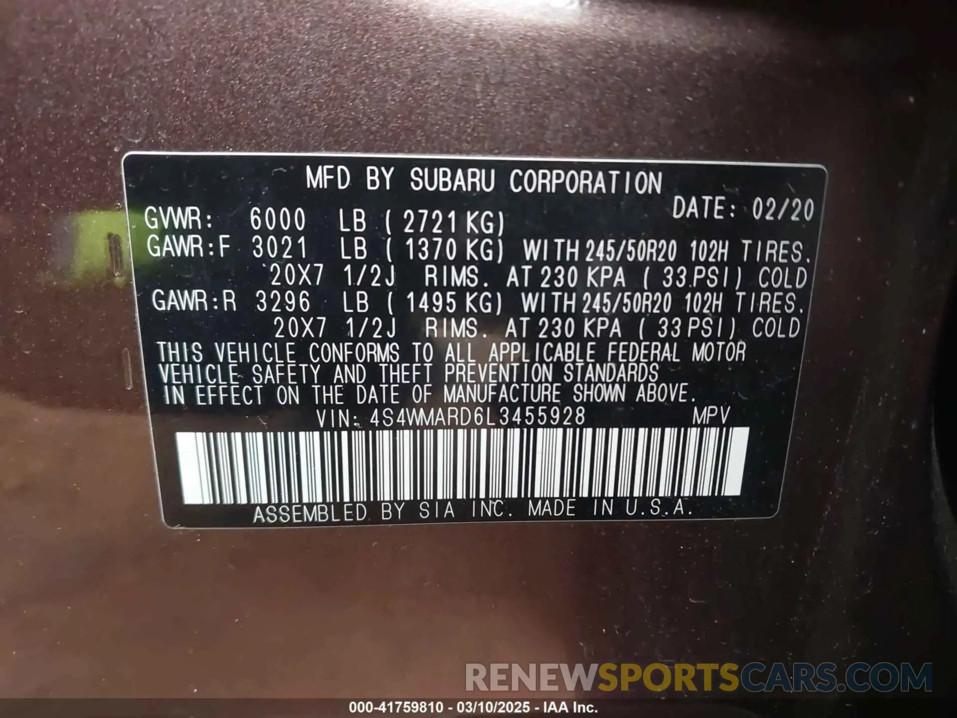 9 Фотография поврежденного автомобиля 4S4WMARD6L3455928 SUBARU ASCENT 2020