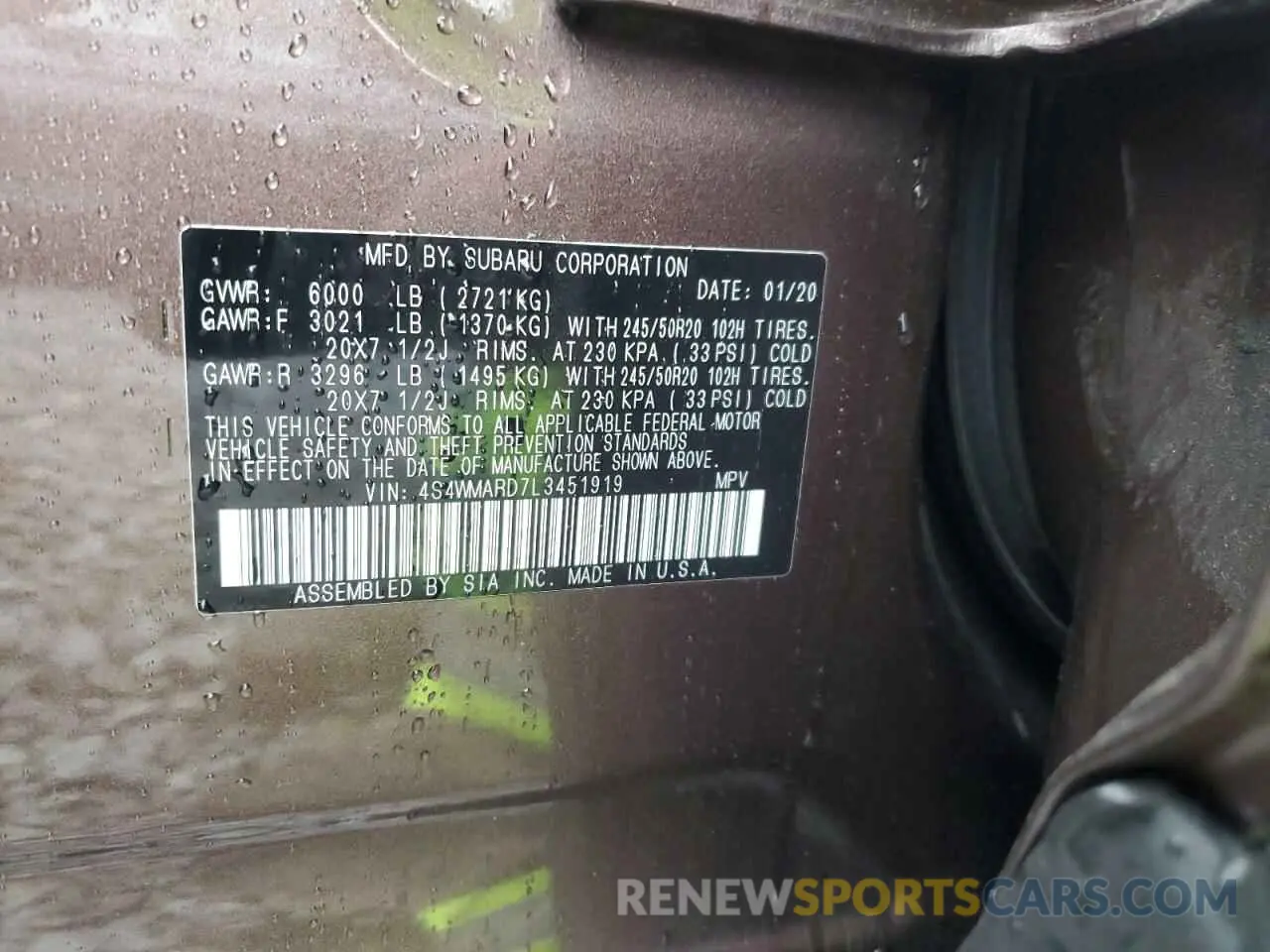 13 Photograph of a damaged car 4S4WMARD7L3451919 SUBARU ASCENT 2020