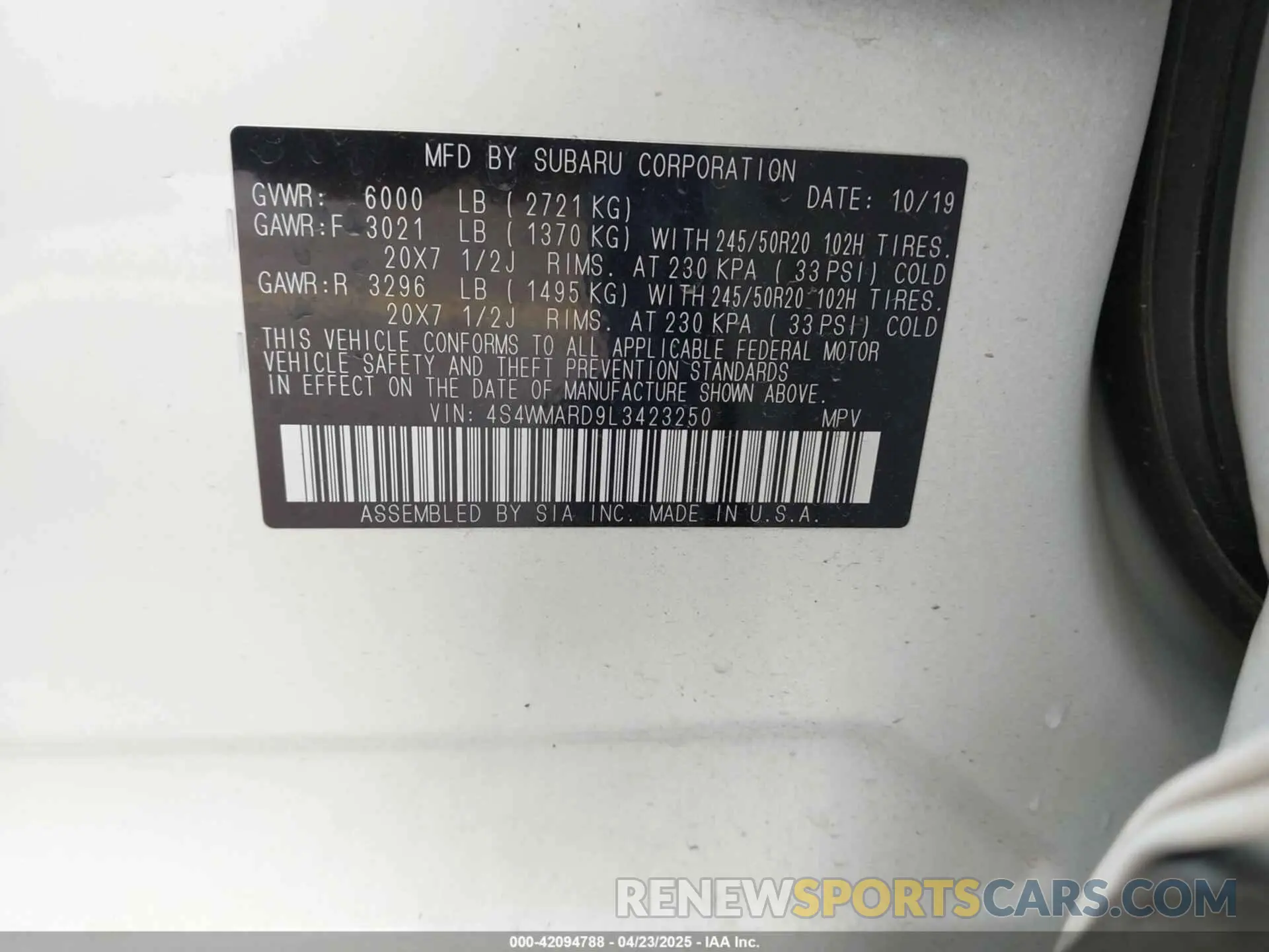 9 Фотография поврежденного автомобиля 4S4WMARD9L3423250 SUBARU ASCENT 2020