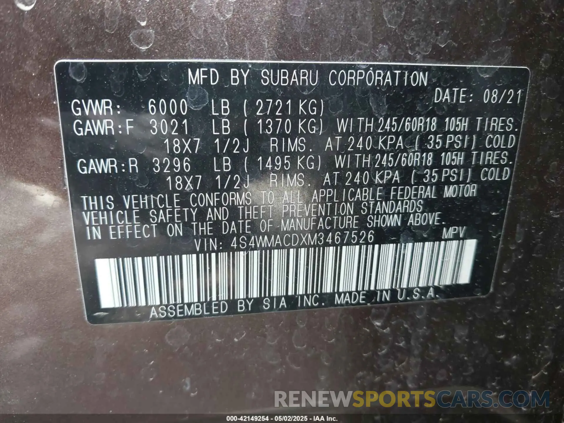 9 Photograph of a damaged car 4S4WMACDXM3467526 SUBARU ASCENT 2021