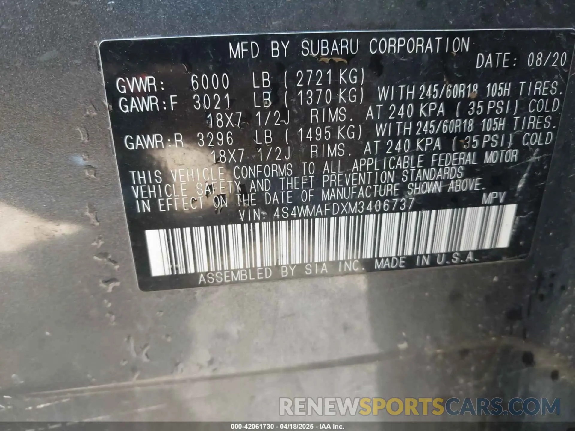 9 Фотография поврежденного автомобиля 4S4WMAFDXM3406737 SUBARU ASCENT 2021