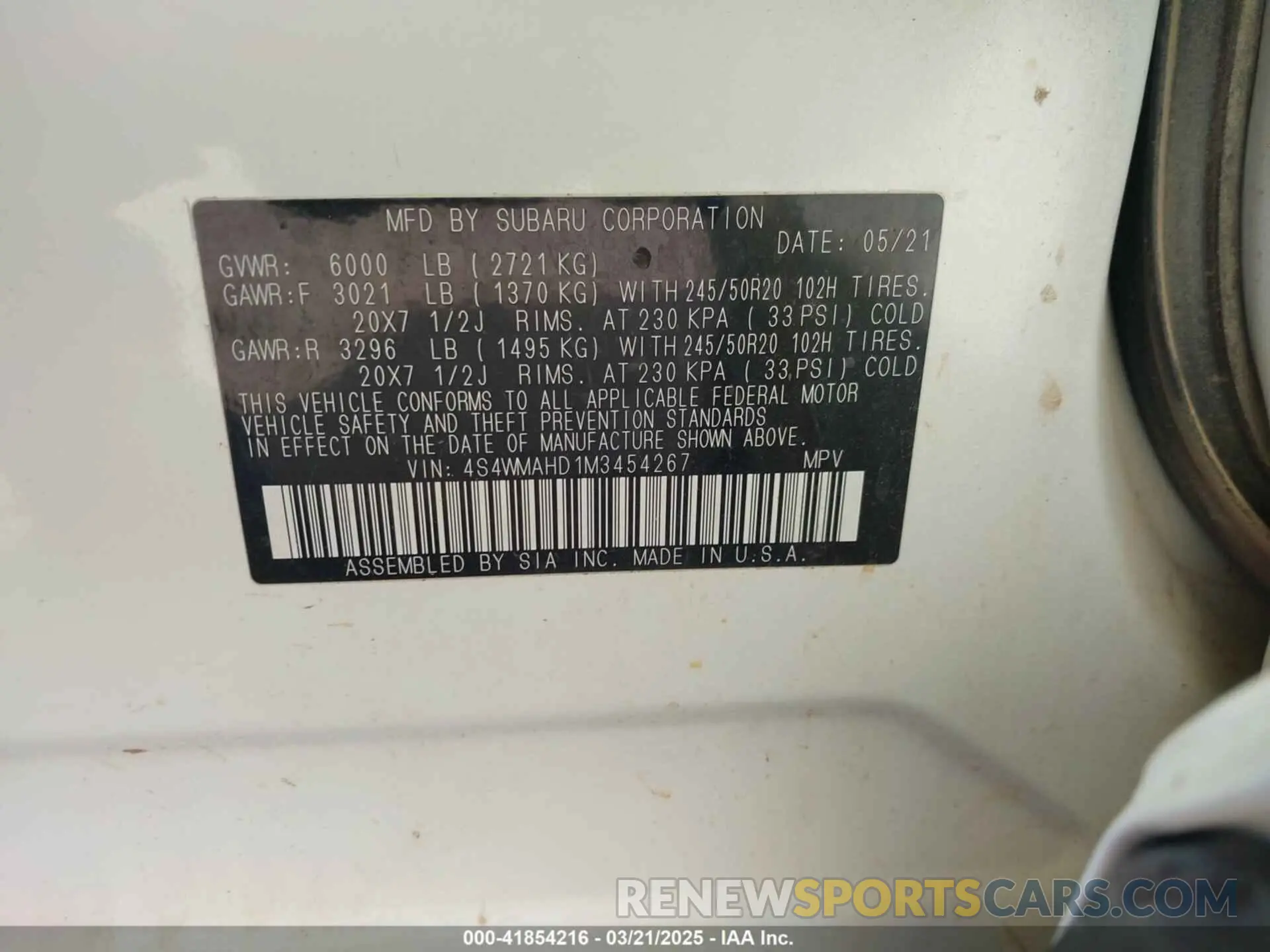 9 Photograph of a damaged car 4S4WMAHD1M3454267 SUBARU ASCENT 2021