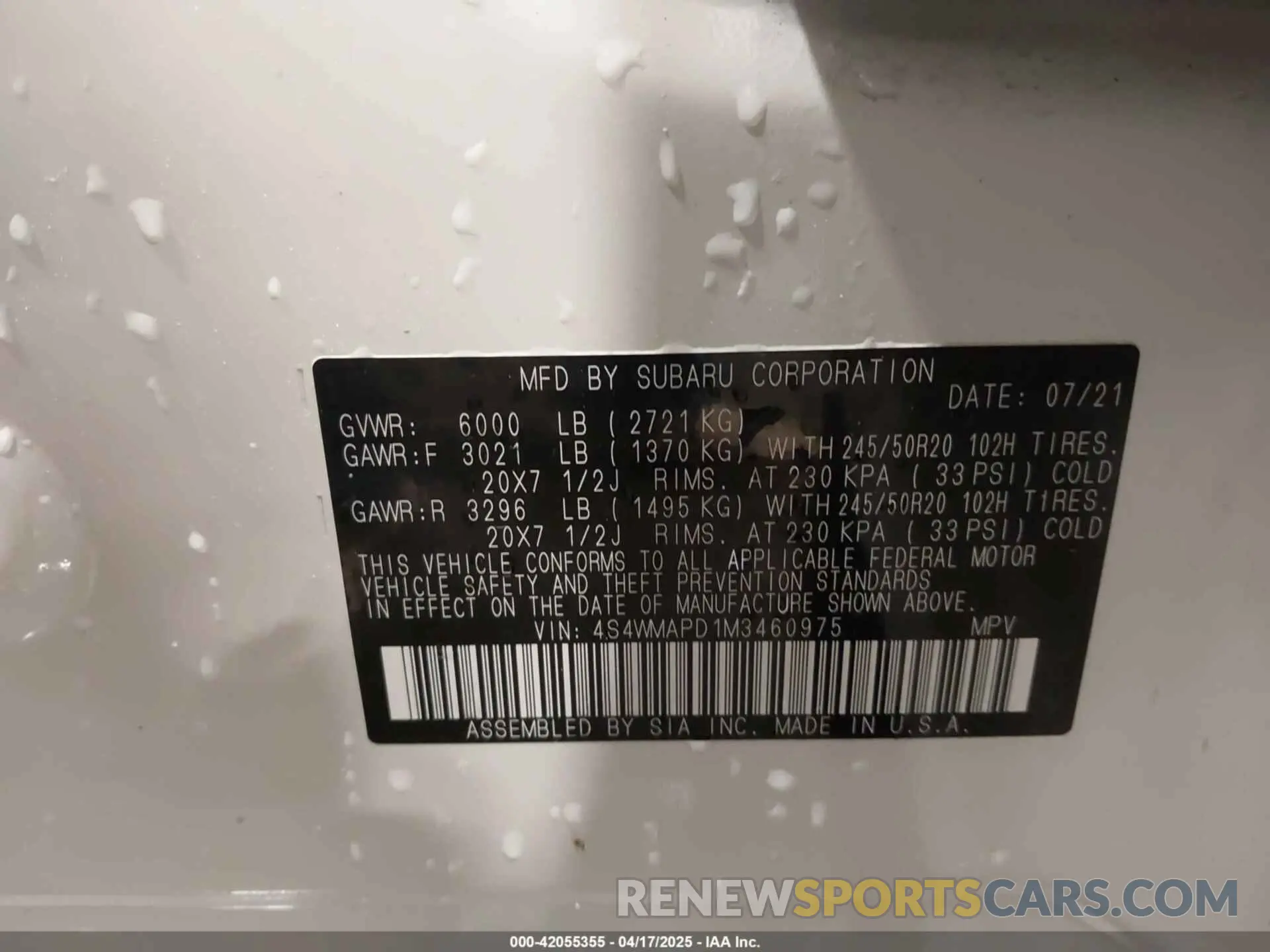 9 Photograph of a damaged car 4S4WMAPD1M3460975 SUBARU ASCENT 2021