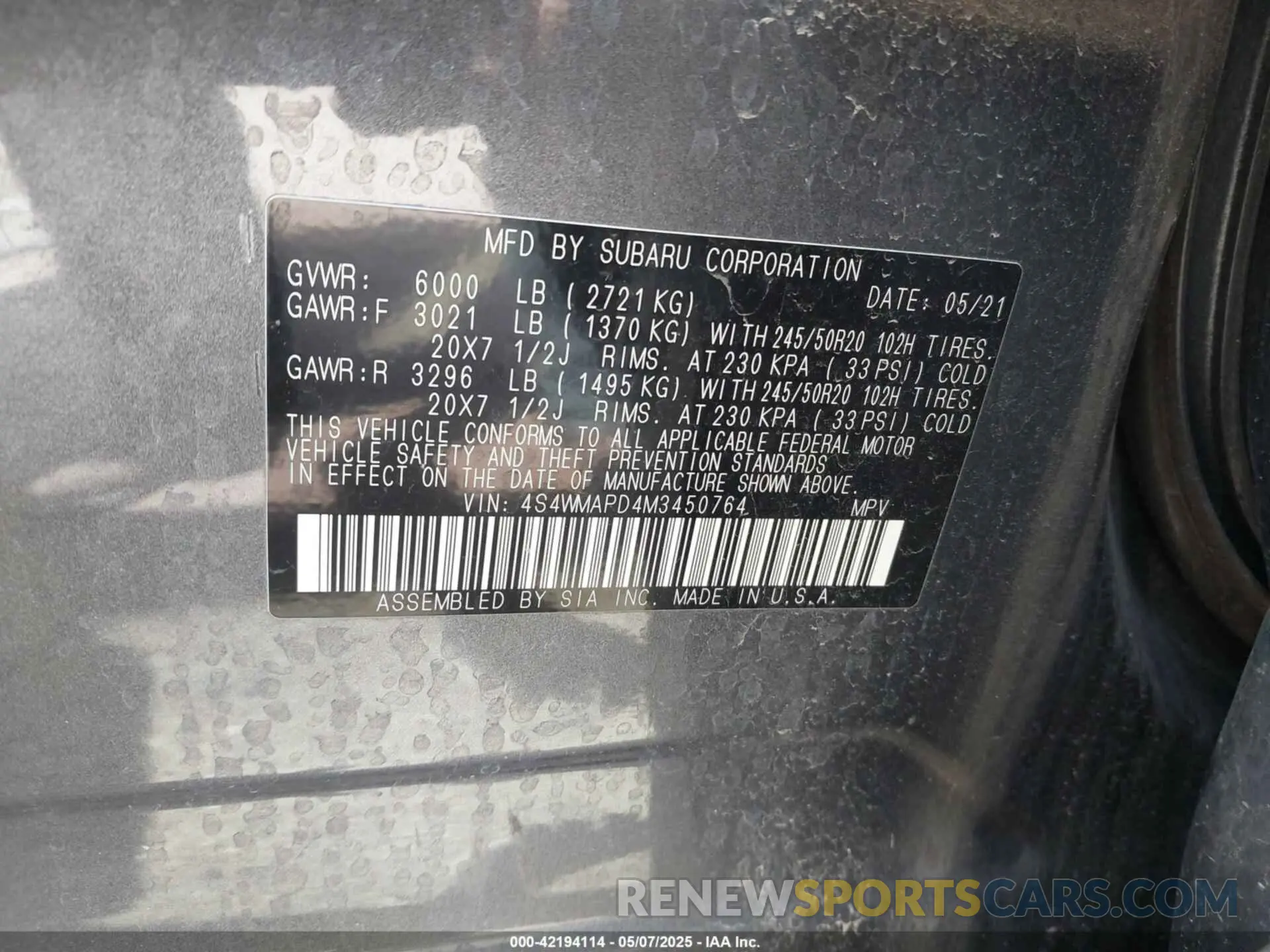9 Photograph of a damaged car 4S4WMAPD4M3450764 SUBARU ASCENT 2021